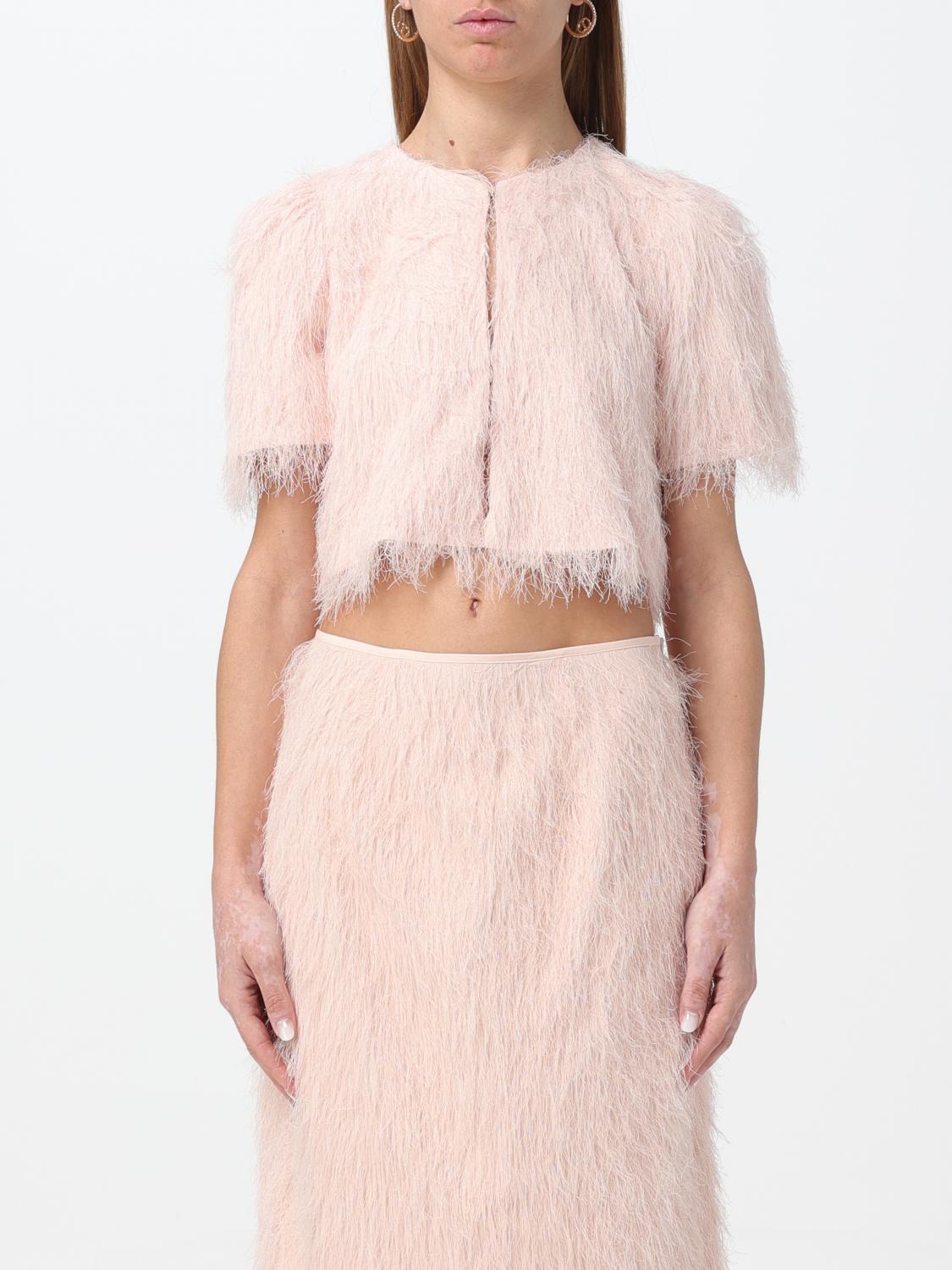 Twinset Feather-effect Short-sleeve Cropped Jacket In Pink