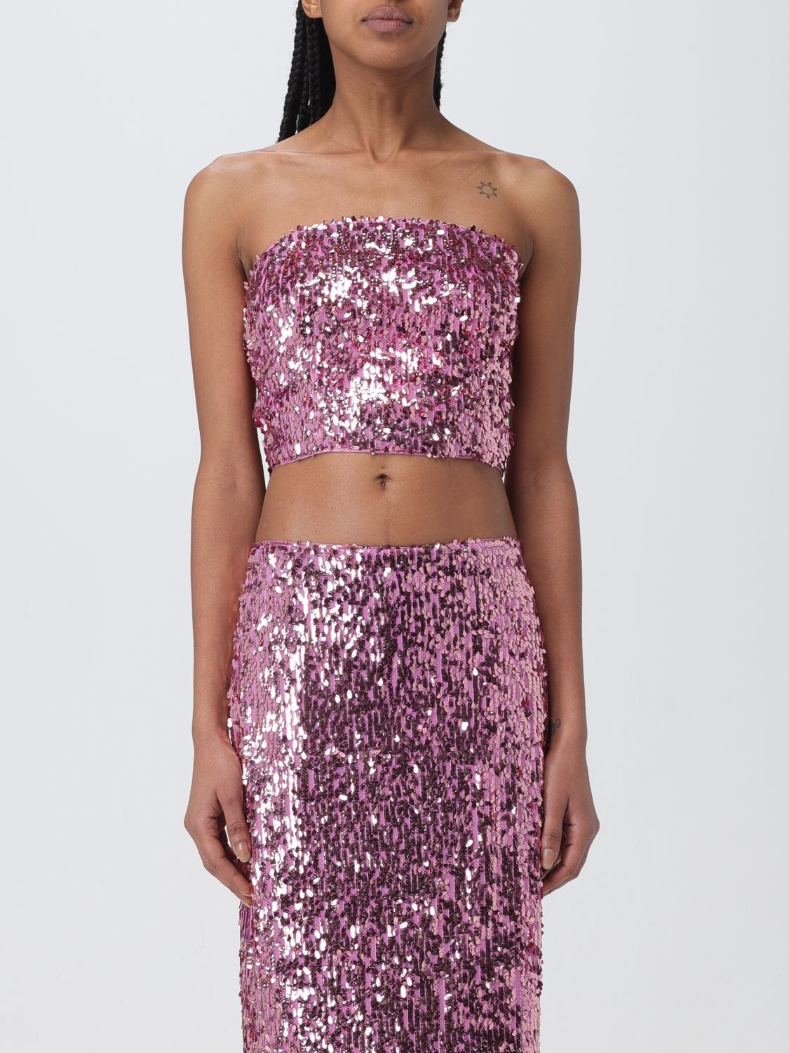 Rotate Birger Christensen + Net Sustain Emili Strapless Cropped Sequined Recycled-tulle Top In Fuchsia