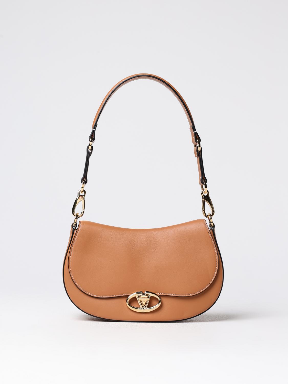 Valentino Garavani Brown Leather Ovhal Shoulder Bag In Beige