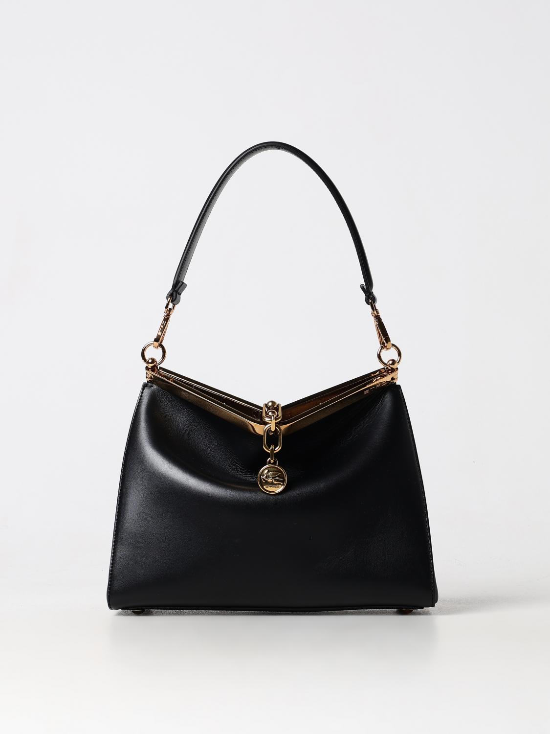 Etro Navy Blue Leather Medim Vela Top Handle Bag In Black