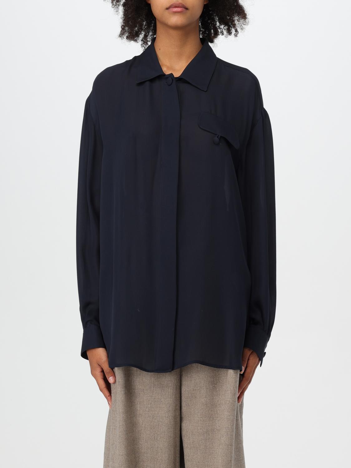 Emporio Armani Band Collar Textured Shirt With Button Detail In Blau