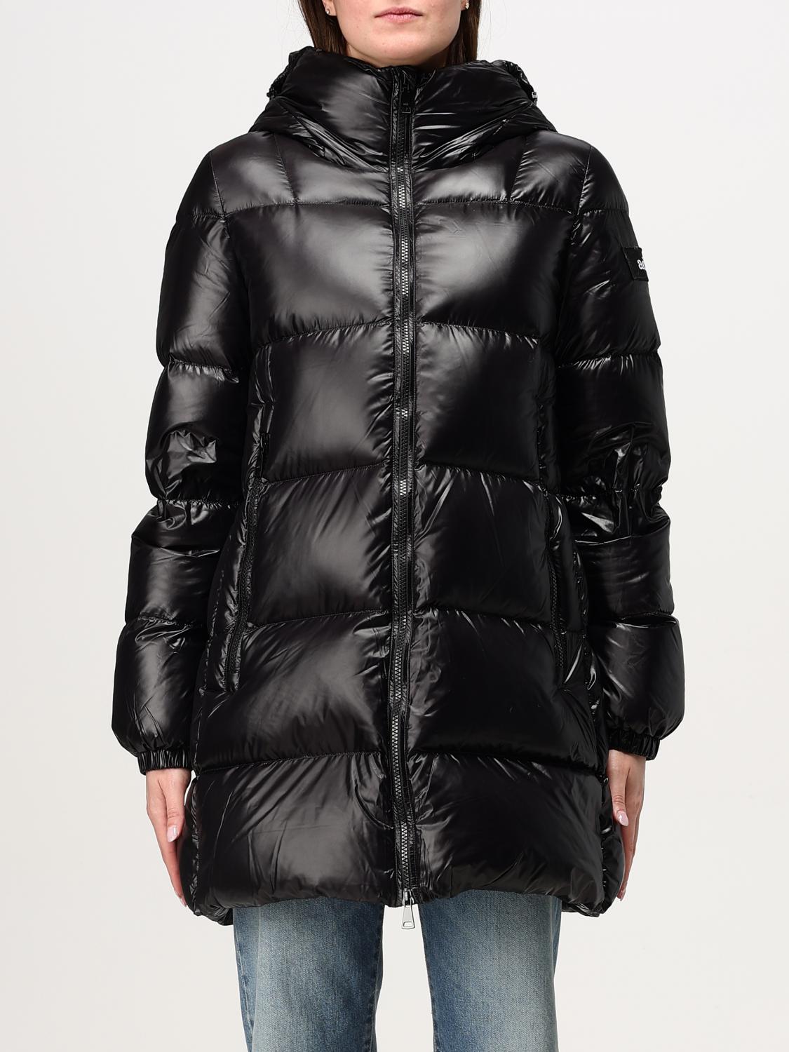 Add Womens Long Black Quilted Down Jacket With Buttons In Schwarz