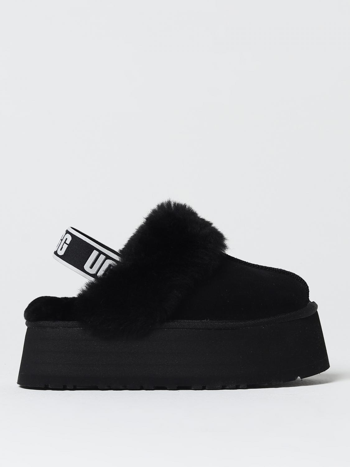 Ugg Black Leather Clog With Faux Fur And Elastic Back  In Black