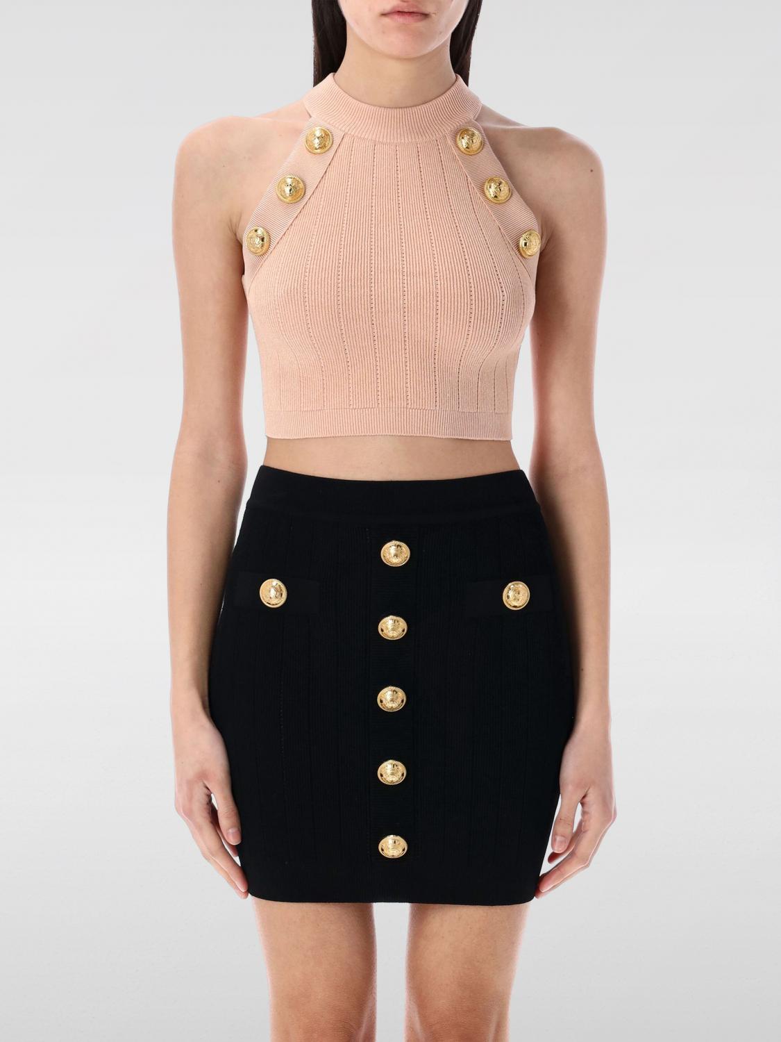 Balmain Black Mini Pencil Skirt With Jewel Buttons In Stretch Viscose Blend Woman In Pink