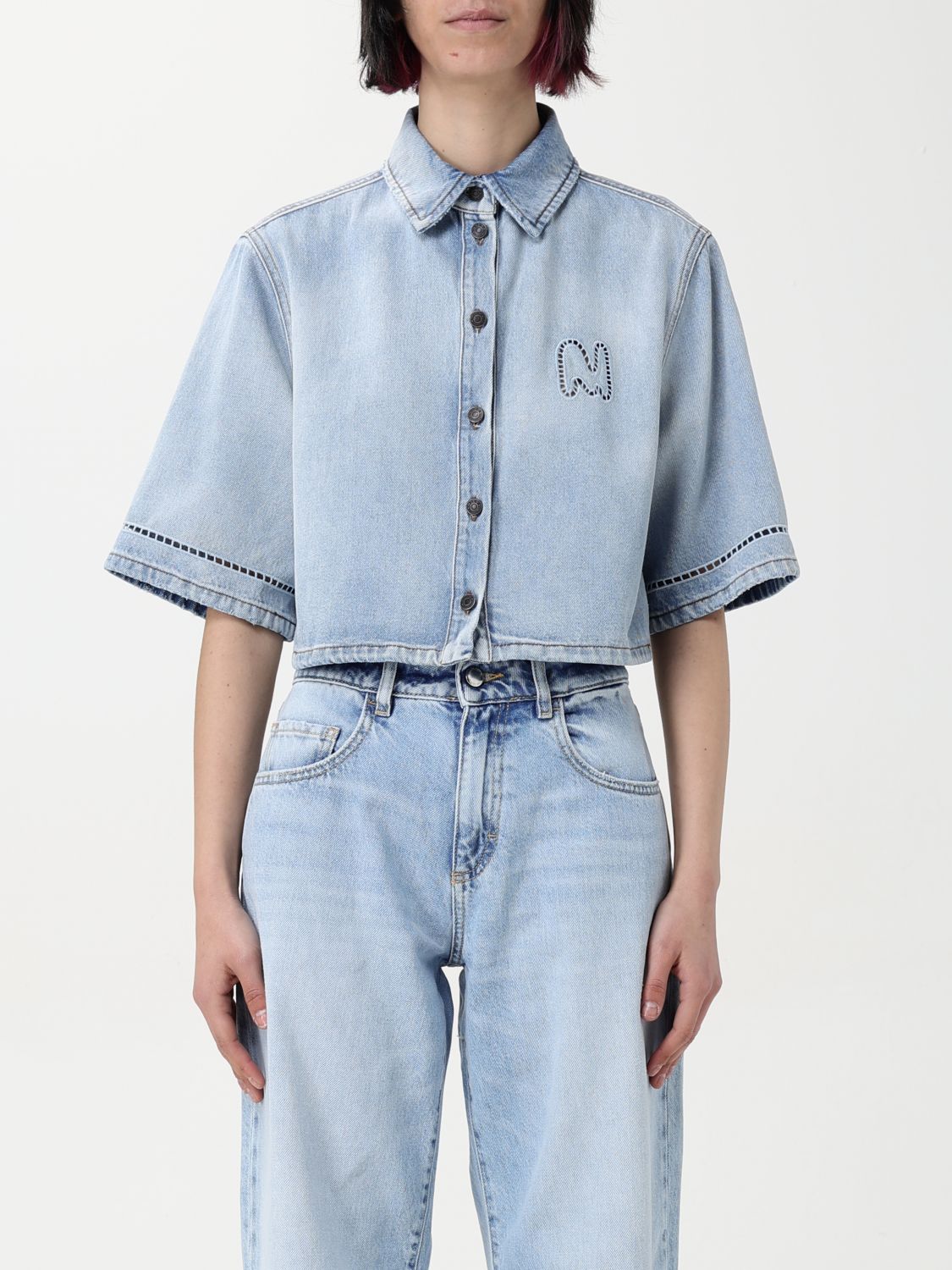 Msgm Light Blue Crop Shirt With Logo On The Front And Perforated Details In Denim