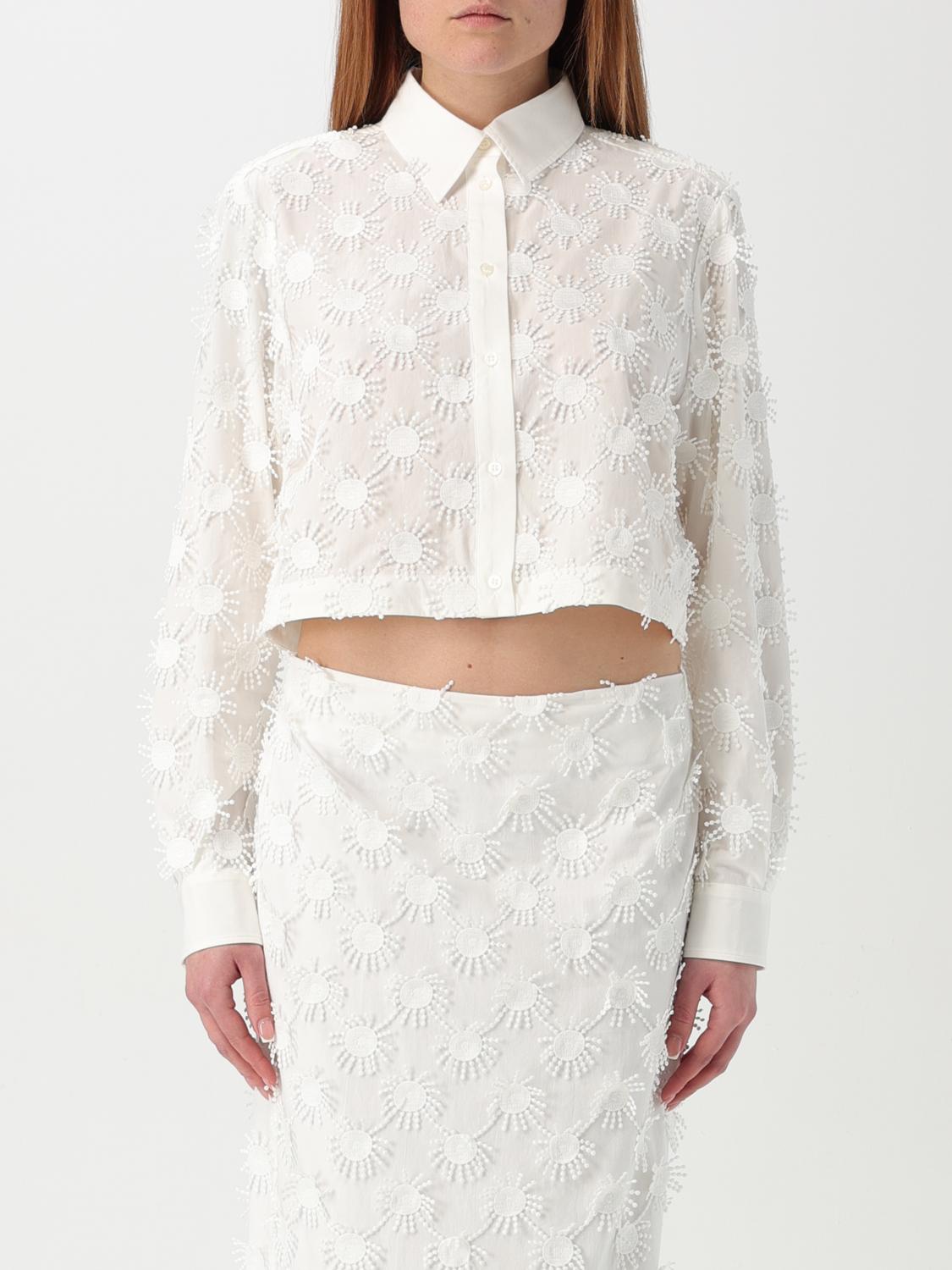 Msgm Cropped White Shirt With Floral Embroidery In White