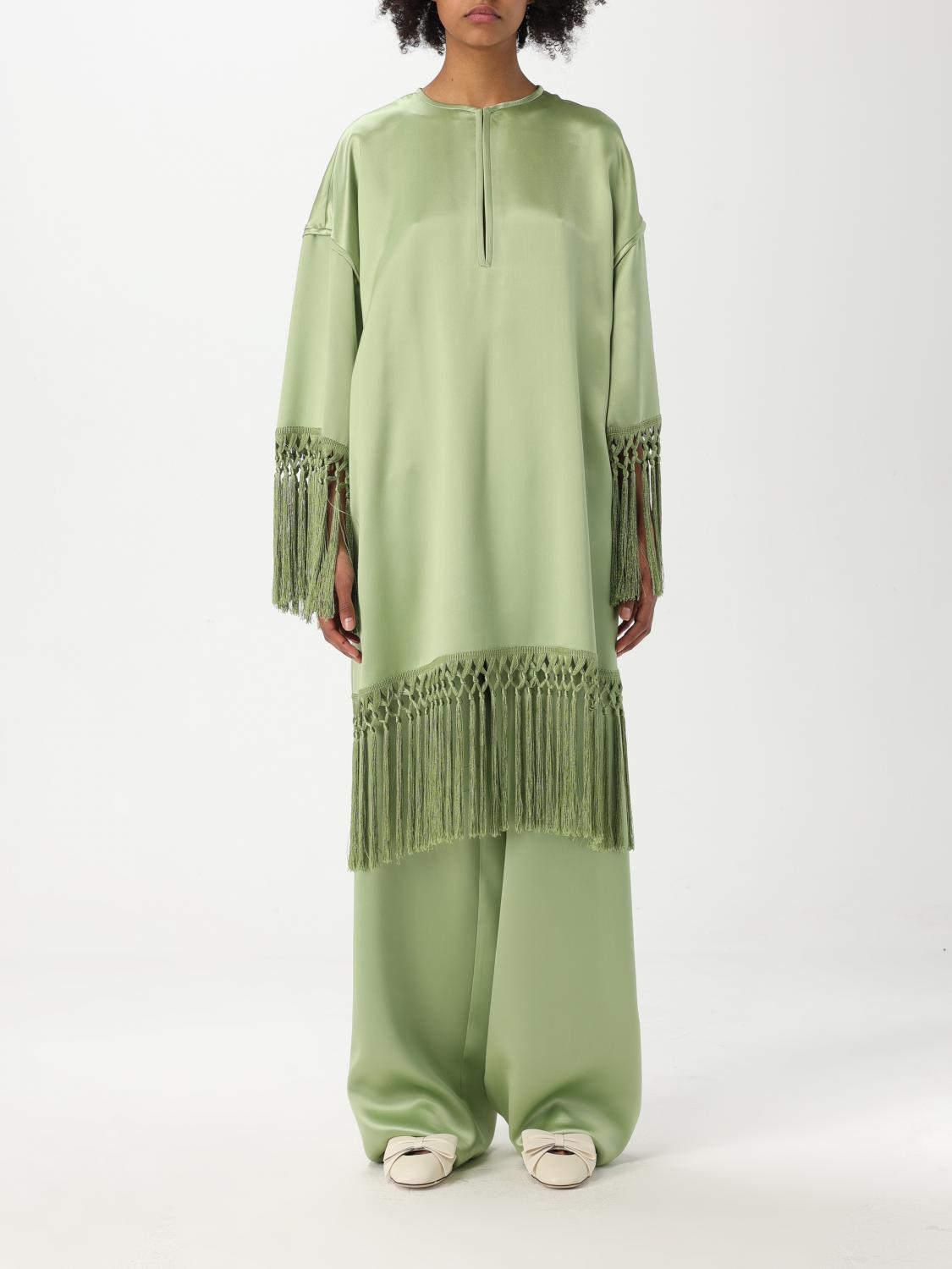 Valentino Tunic Dress In Silk Satin With Fringe In Green