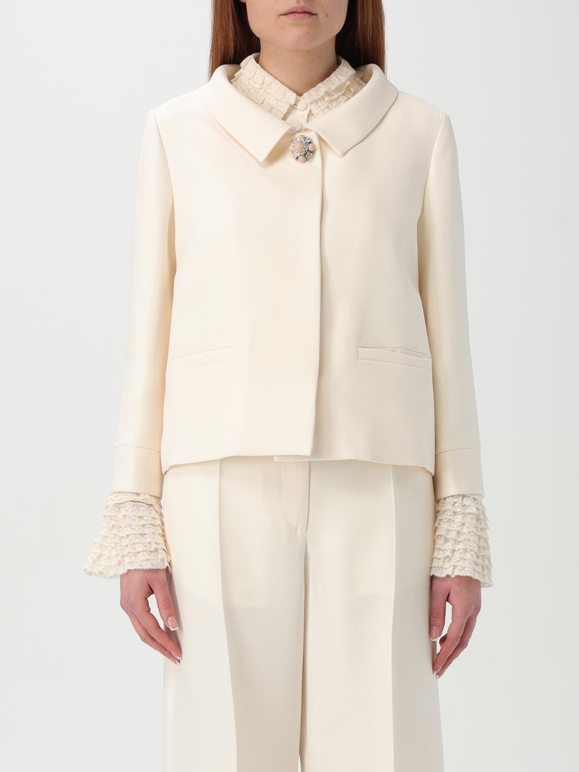 Valentino Garavani White Jacket With Spread Collar And Front Jewel Button In Wool And Silk Woman In Yellow Cream