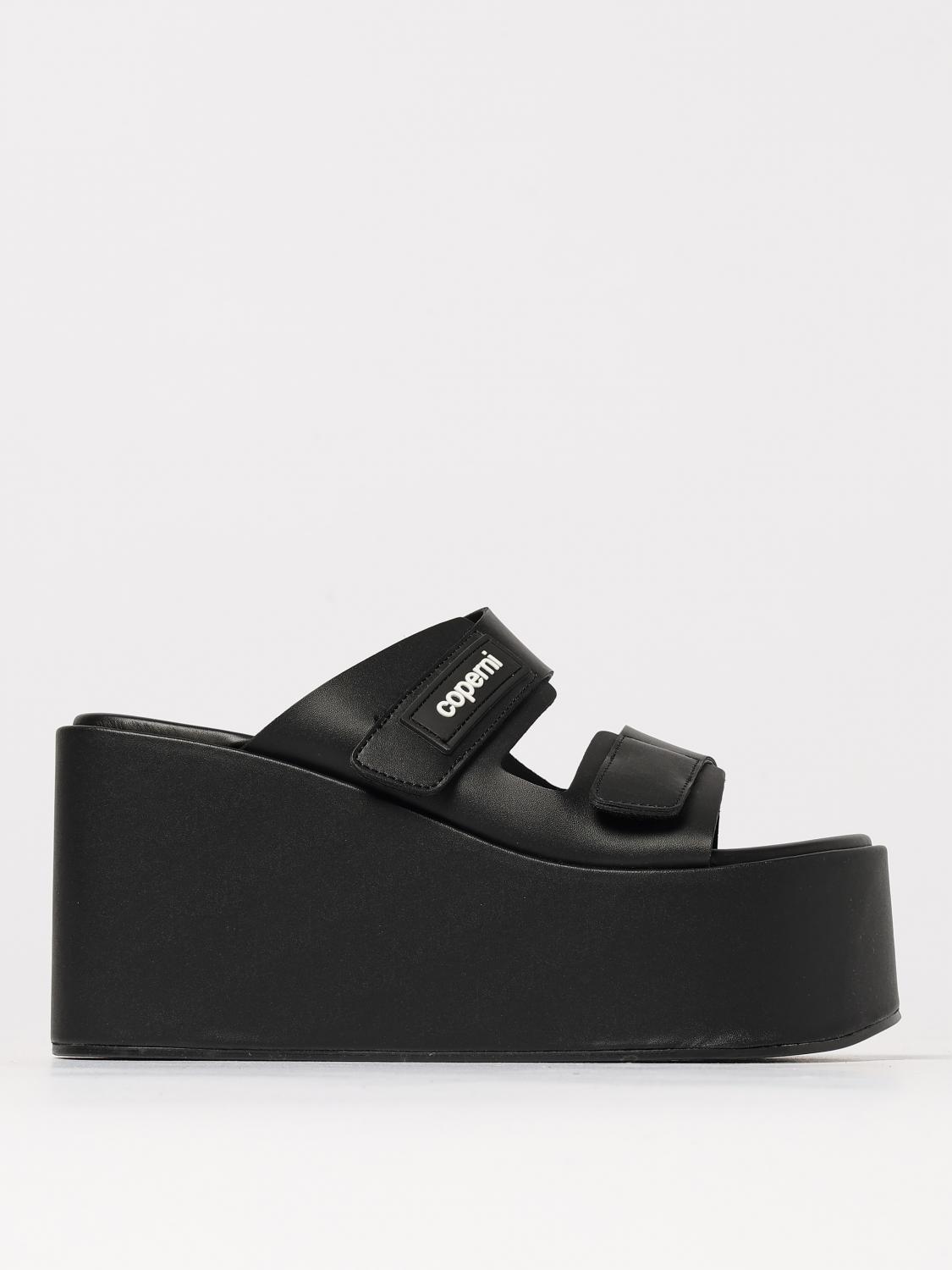 Coperni Black Wedges With Logo Patch On The Front And Touch-strap Closure In Leather Woman In Schwarz