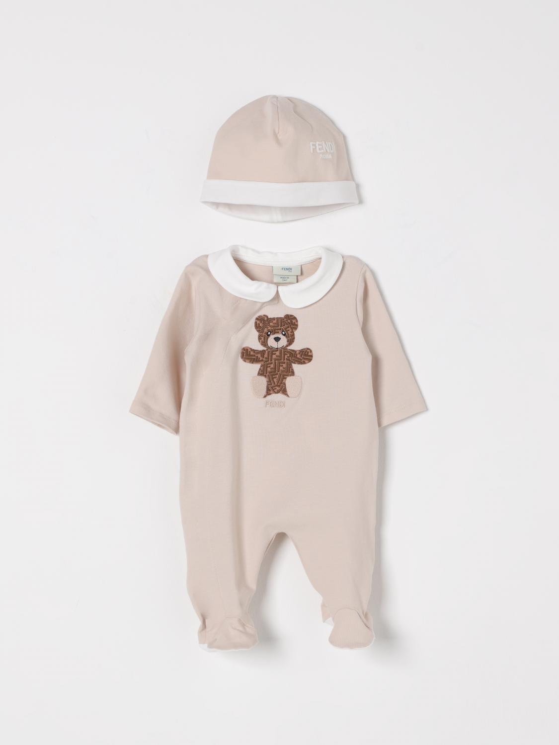 Fendi Beige Ff Teddy Bear Cotton Babysuit Set