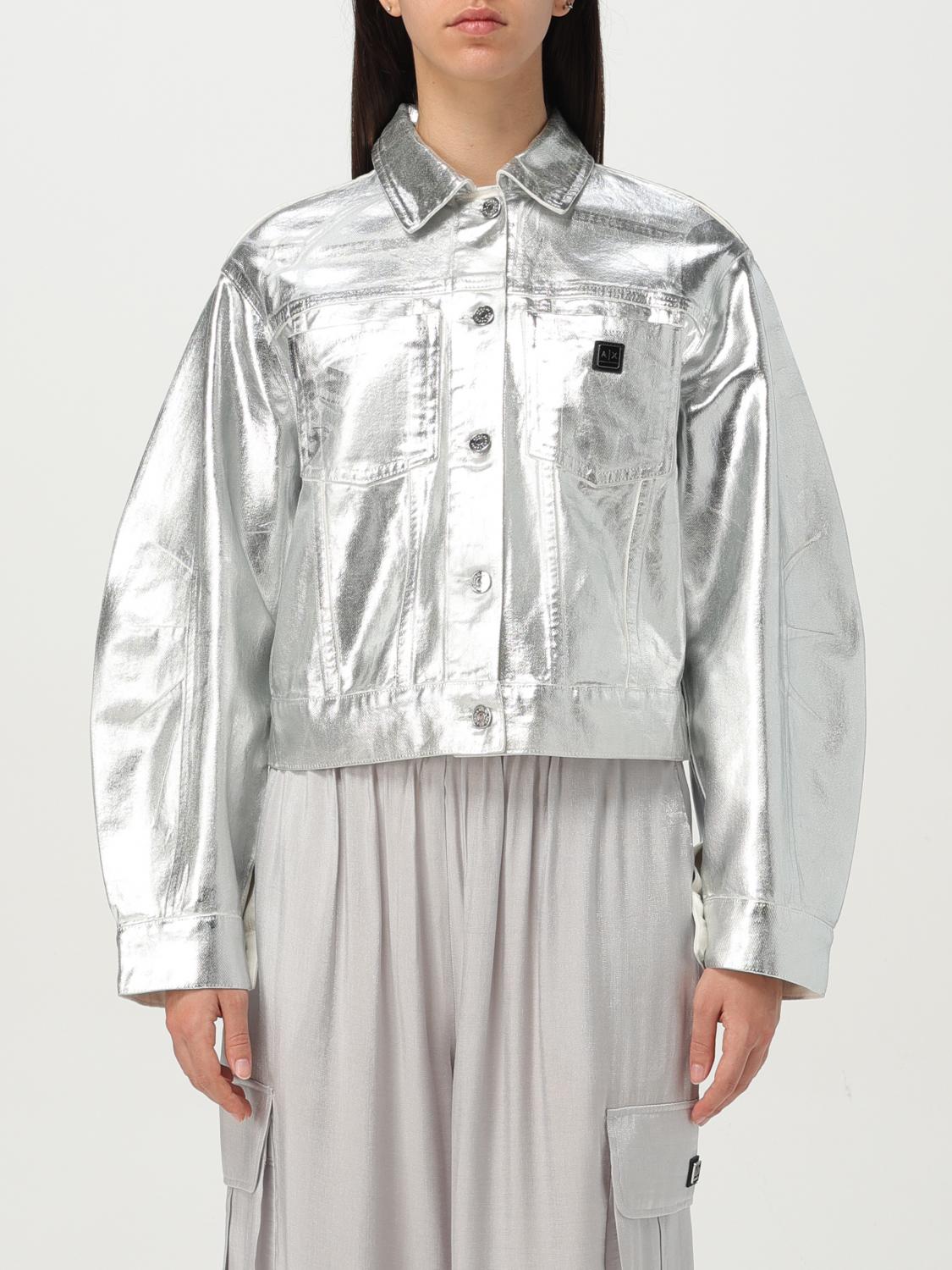 Armani Exchange Metallic-finish Denim Jacket In Silver
