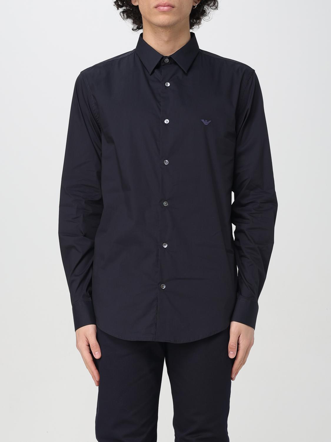 Emporio Armani Cotton Shirt With Button-down Collar And Curved Hem In Blau