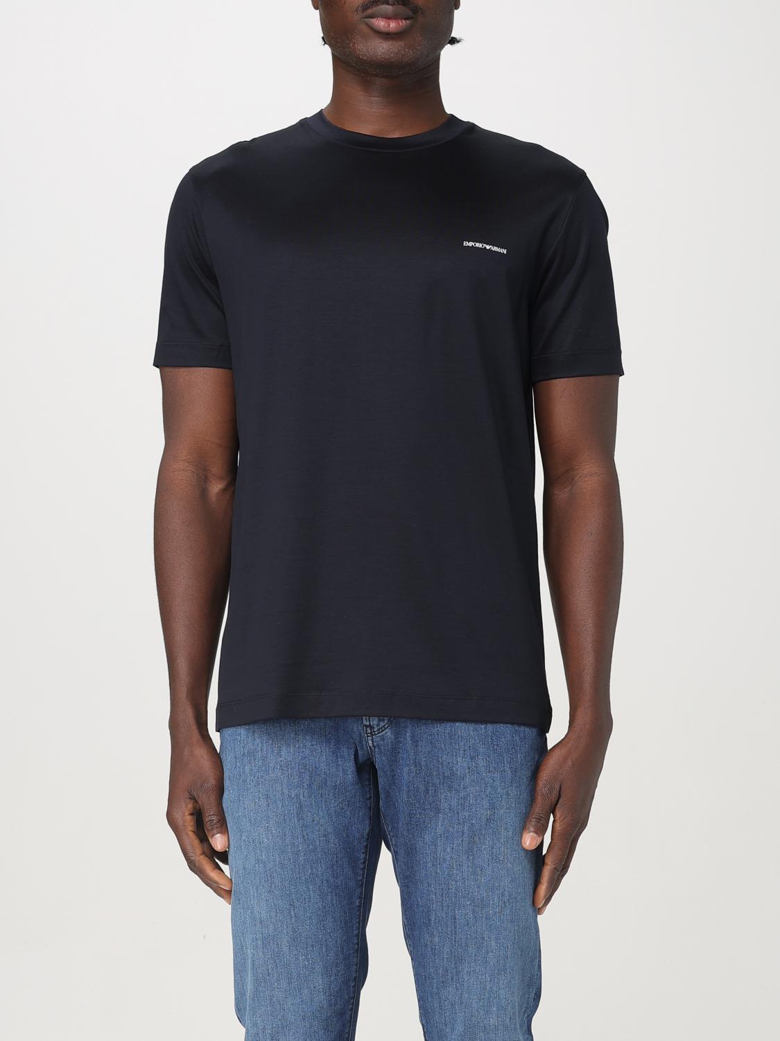 Emporio Armani Black T-shirt With Logo Lettering On The Front In Cotton And Lyocell Blend Man In Blau