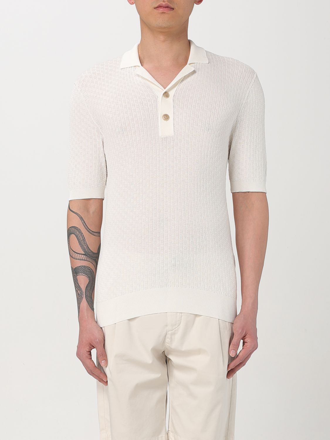 Eleventy Textured Cotton Polo With Ribbed Collar In White