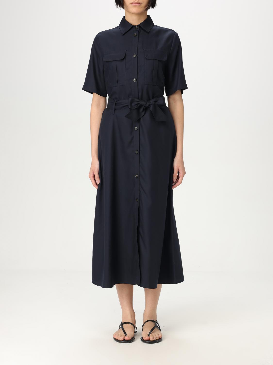 Woolrich Black Long Dress With Short Sleeves And Belt In Blue
