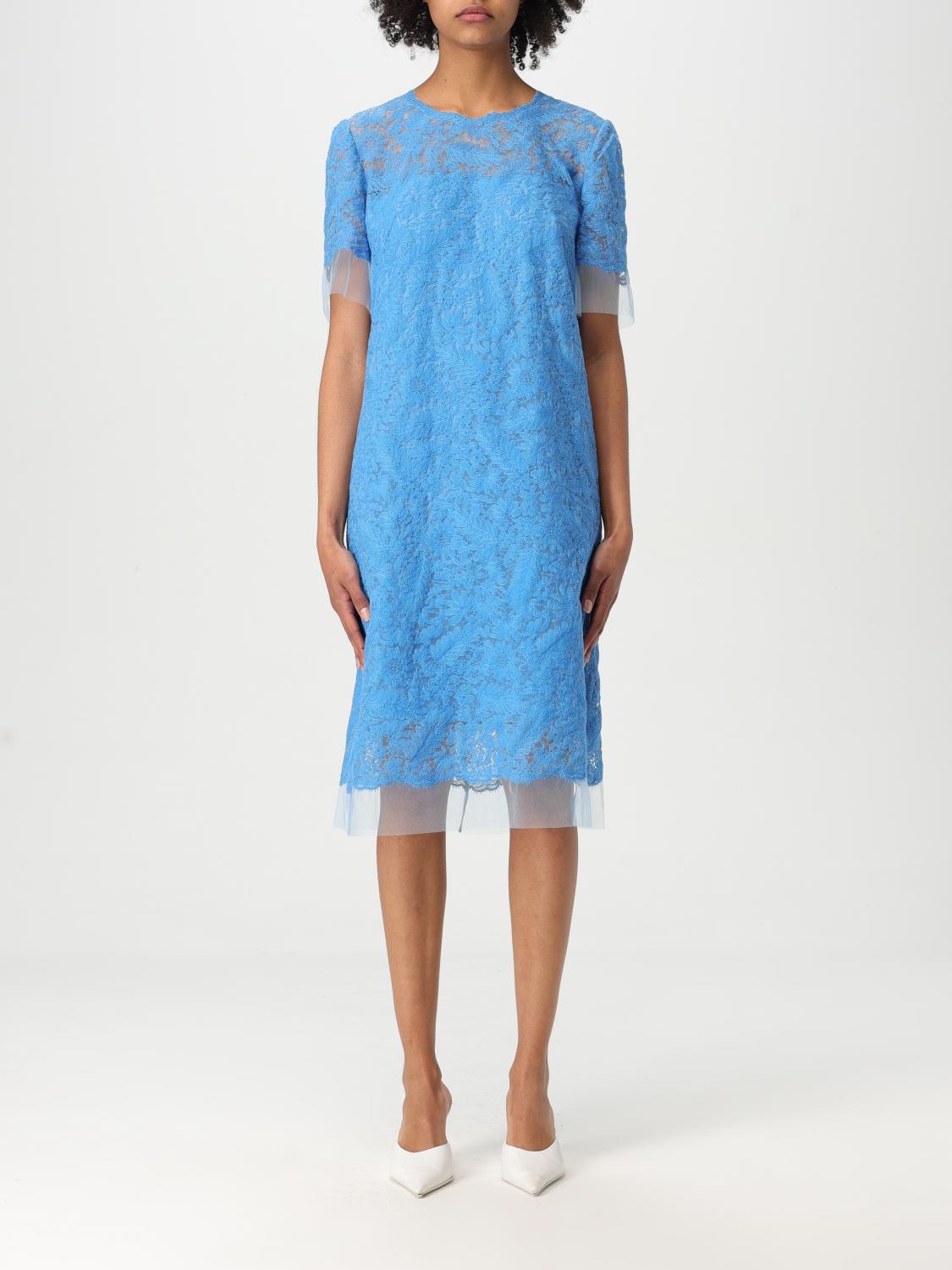Ermanno Scervino Intricate All-over Lace Midi Dress With Short Sleeves In Blue
