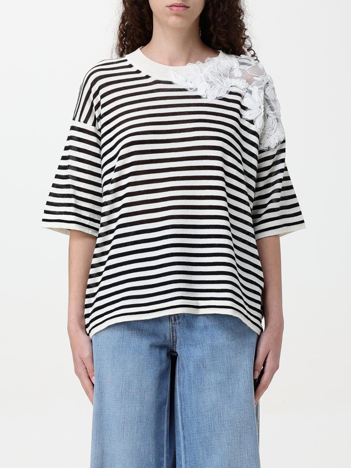 Ermanno Scervino Striped Cotton T-shirt With Floral Lace Detail In White