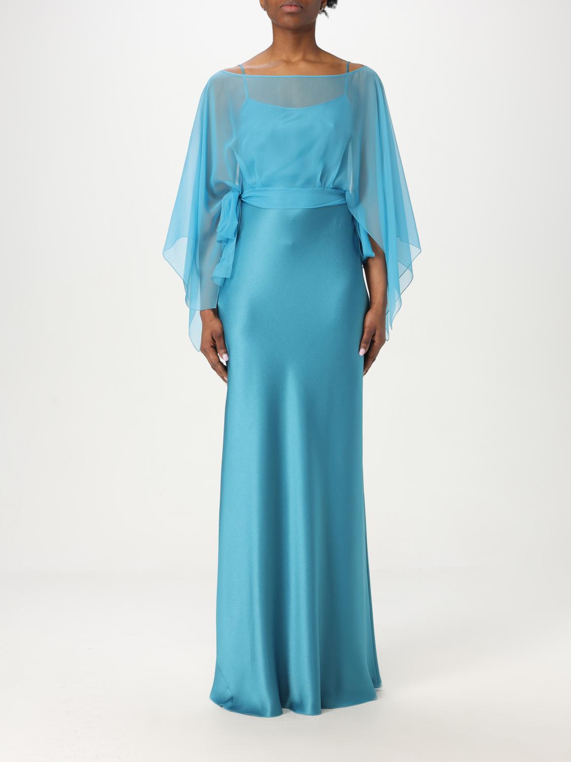 Alberta Ferretti Blue Long Dress With Layered Design And Upper Cape In Silk Blend Woman In Gnawed Blue