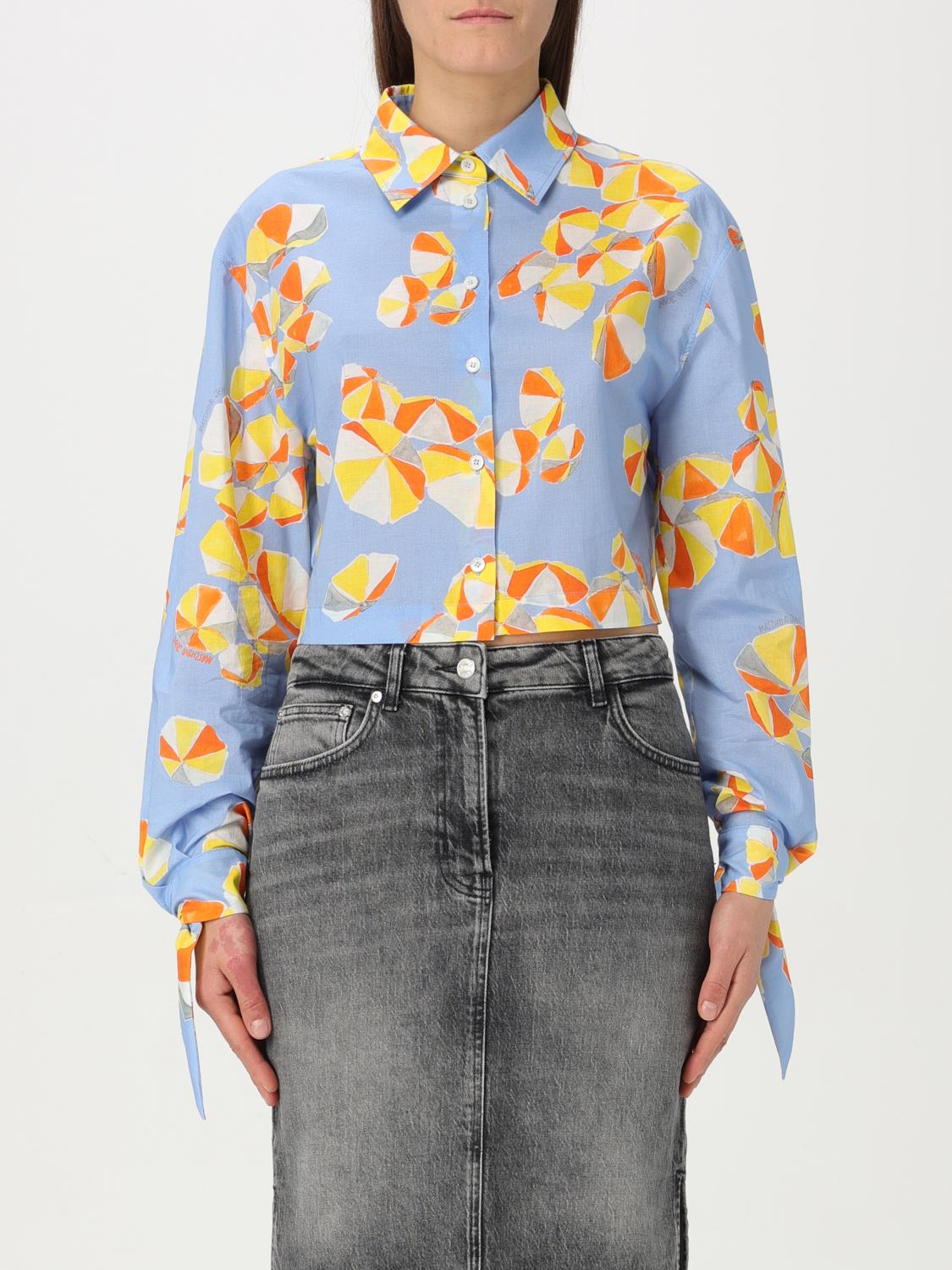 Moschino Jeans Cropped Shirt "beach Umbrellas" In Gnawed Blue