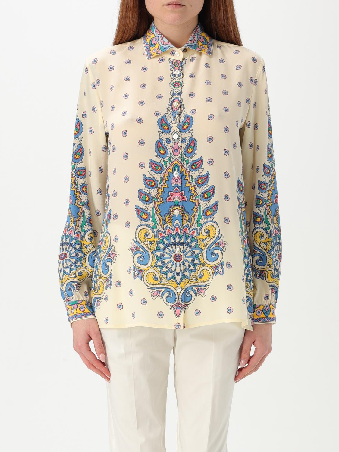 Etro Ivory Paisley Print Silk Twill Shirt In Gnawed Blue