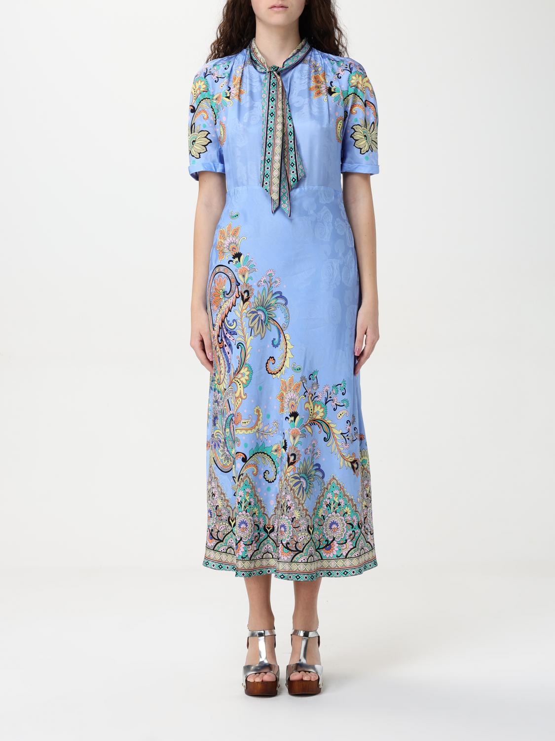 Etro Jacquard Satin Midi Dress With Floral Paisley Print In Gnawed Blue