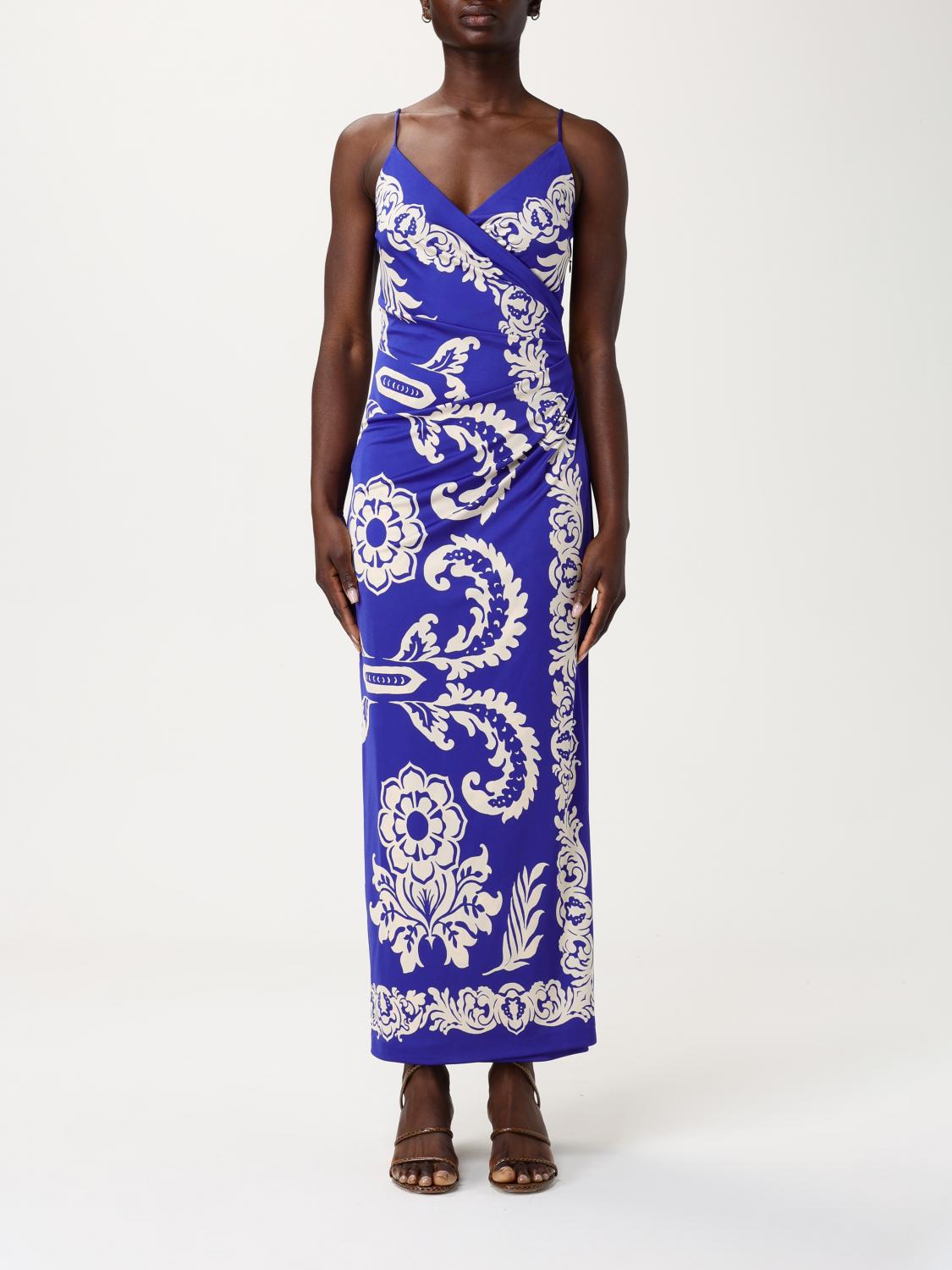 Etro Blue Long Dress With Spaghetti Straps And All-over Print In Multi