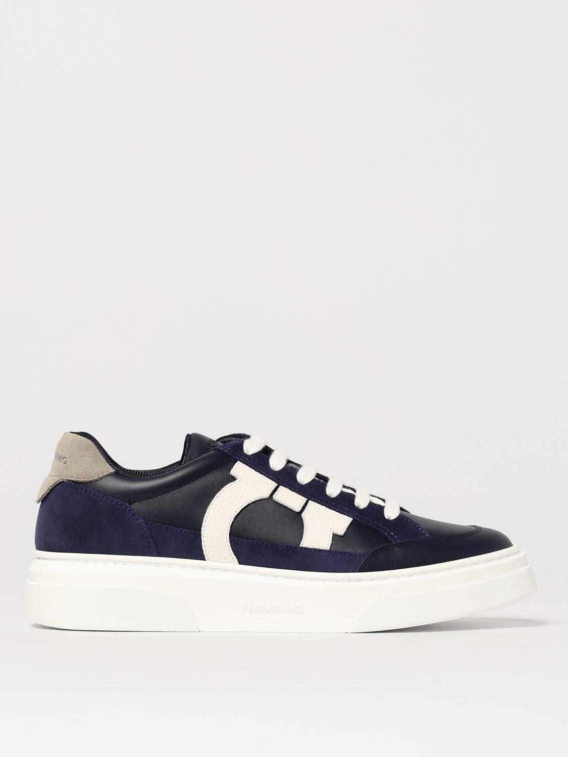 Ferragamo Low Top Sneaker With Gancini Outline In Navy