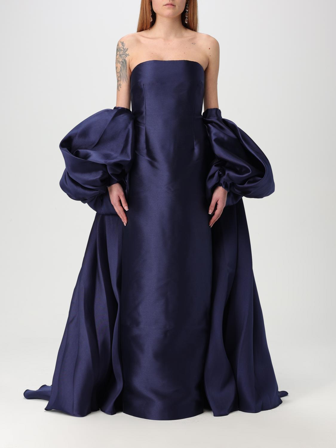 Solace London Lea Blue Long Dress With Rear Cape Insert And Train In Tech Fabric Stretch Woman In Navy