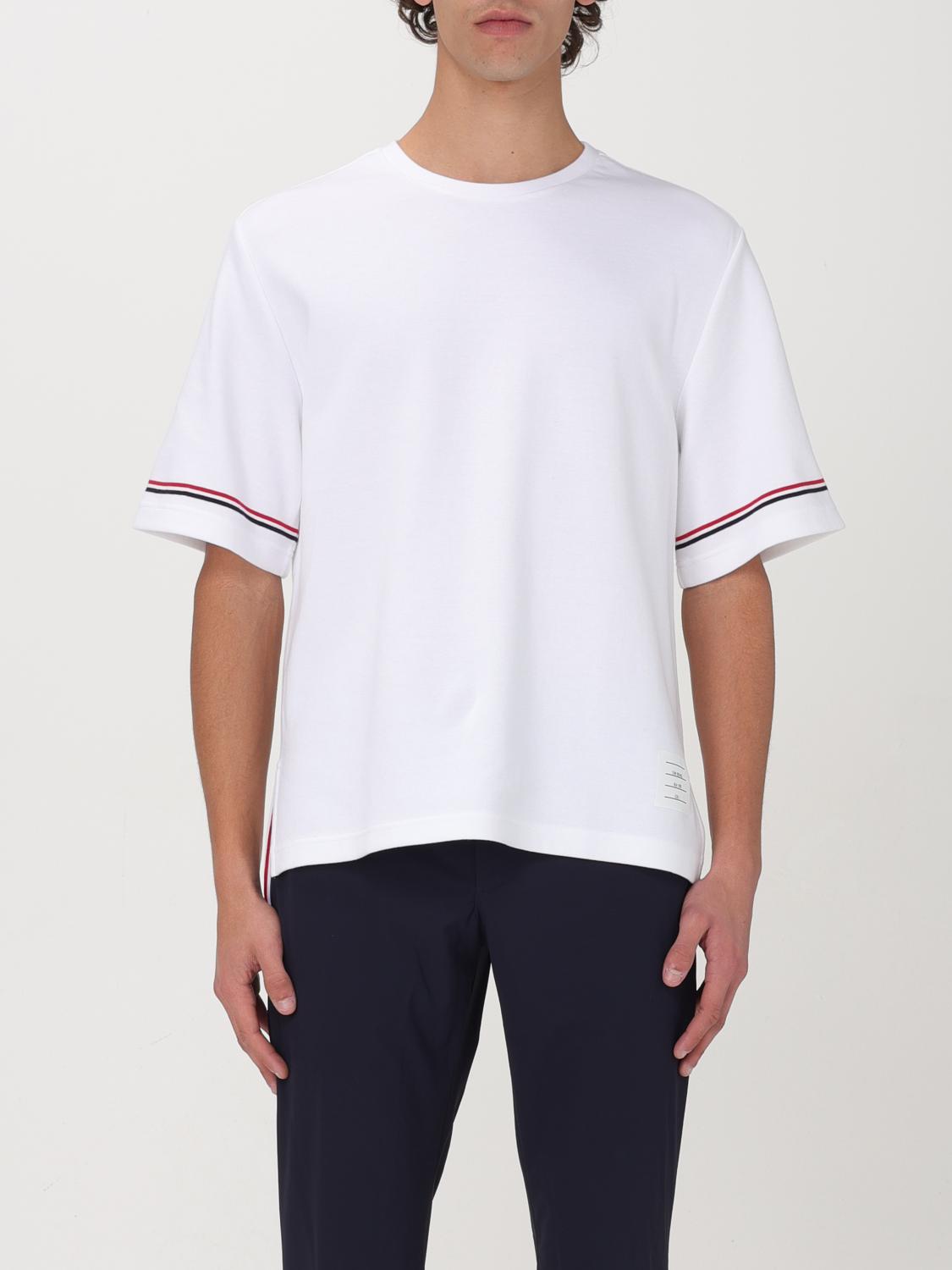 Thom Browne White Crewneck T-shirt With Rwb Detail On Neck And Sleeve