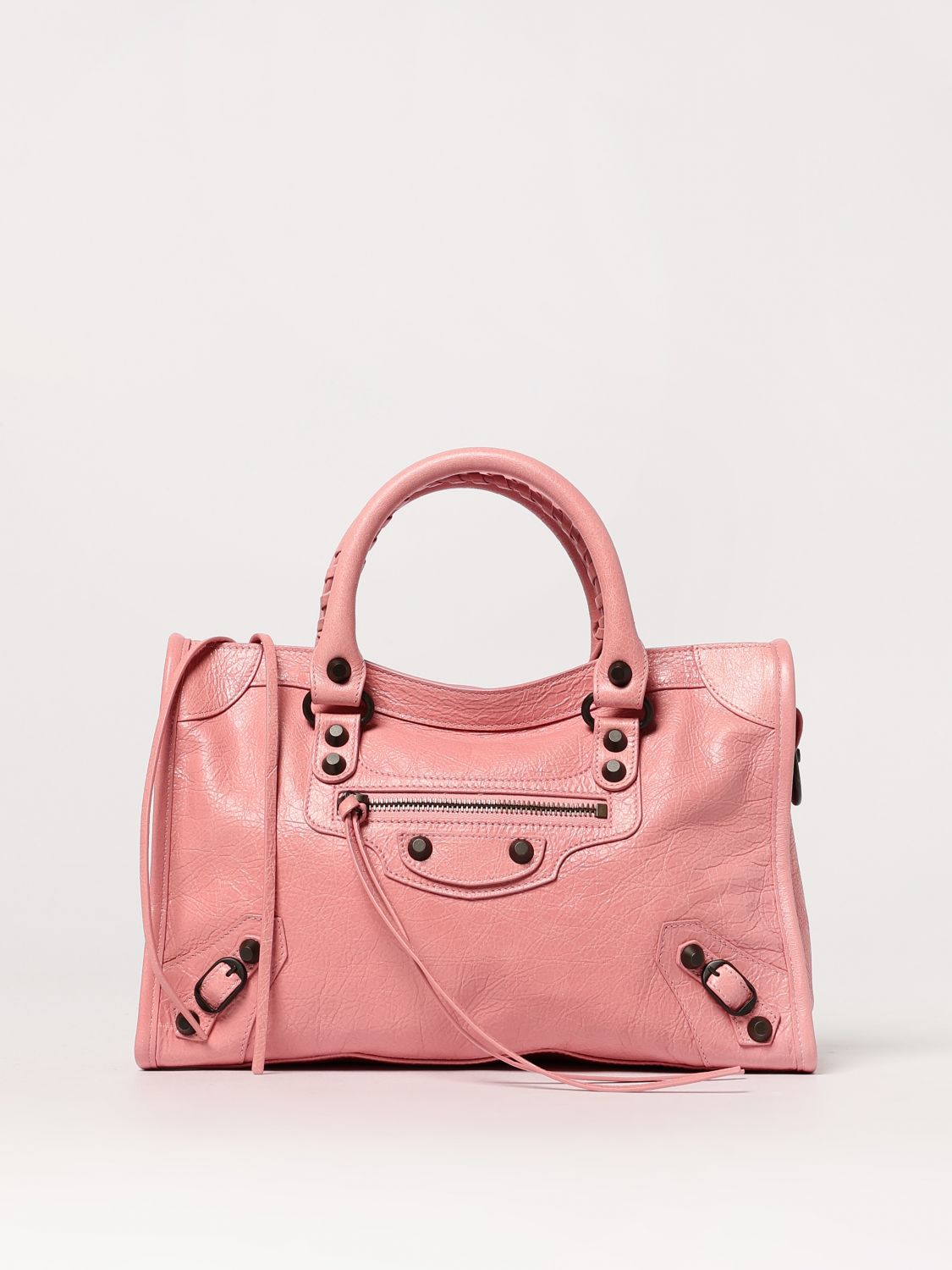 Balenciaga Green Leather Shoulder Handbag With Magnetic Closure And Metal Details In Baby Pink
