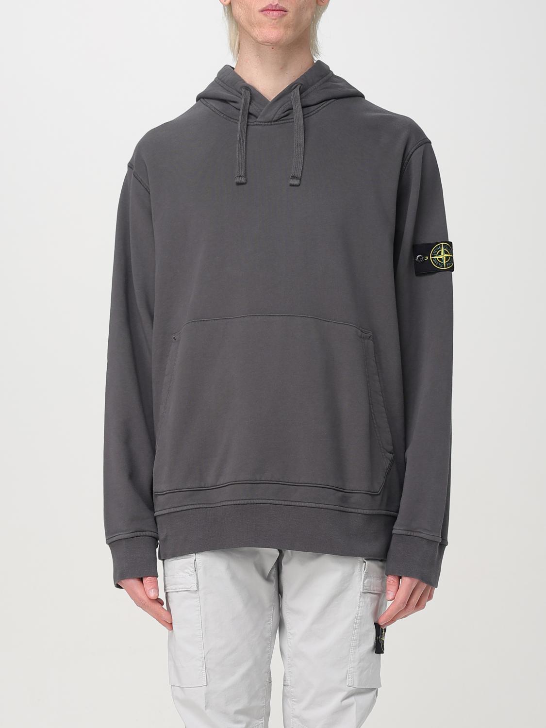 Stone Island Grey Hoodie With Removable Compass Logo Applied On The Sleeve In Cotton Man In Charcoal