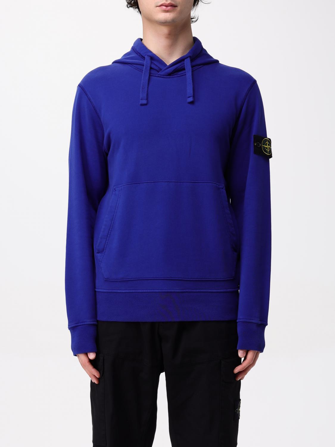 Stone Island Men's Cotton Fleece Hooded Sweatshirt With Pouch Pocket In Royal Blue