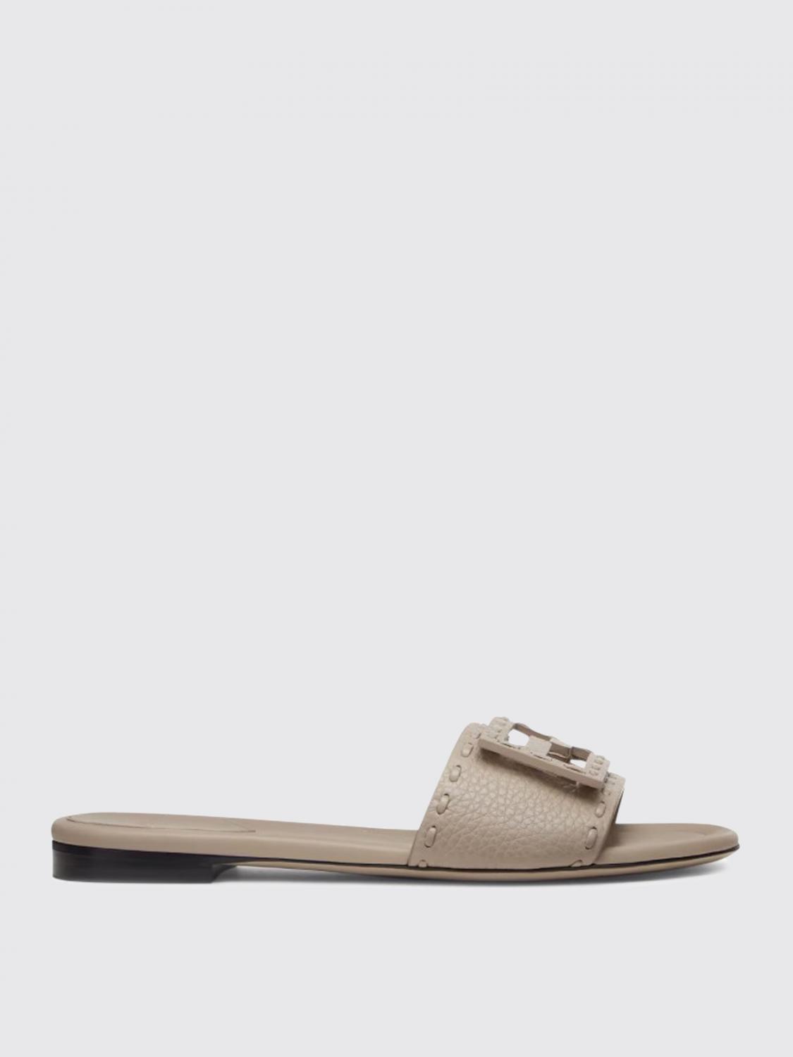 Fendi Women Cappuccino Leather Baguette Slippers In Brown