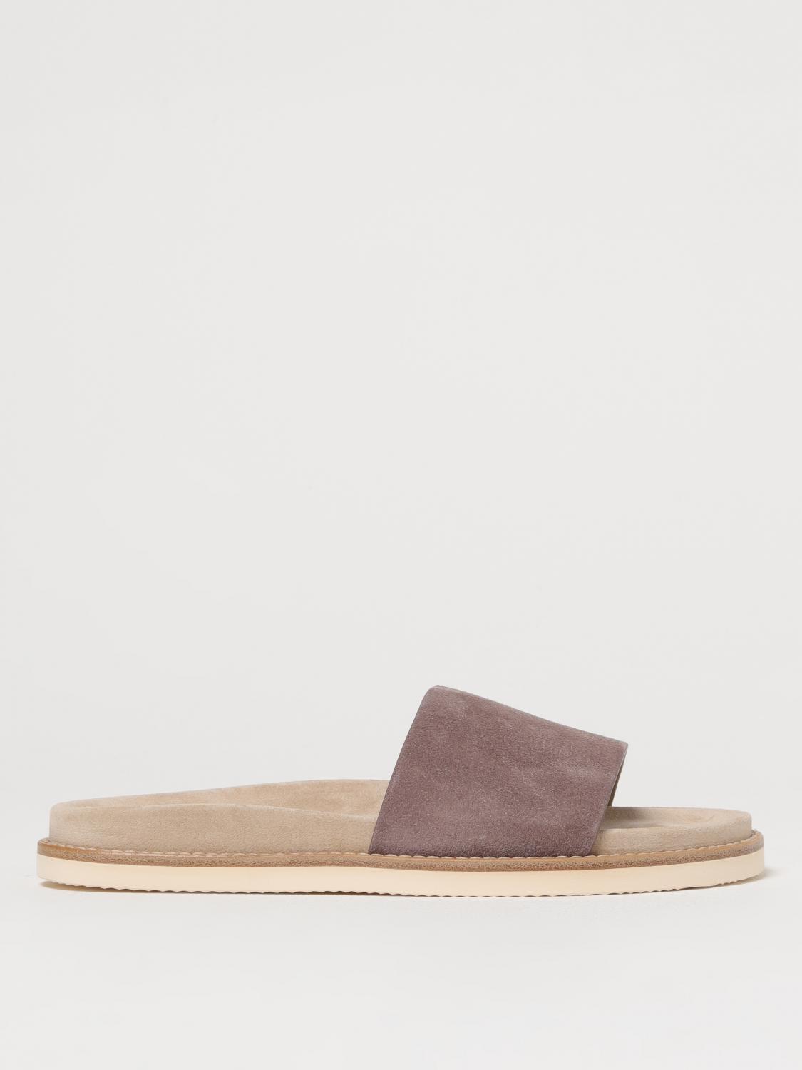 Brunello Cucinelli Suede Slide With Logo Print In Beige