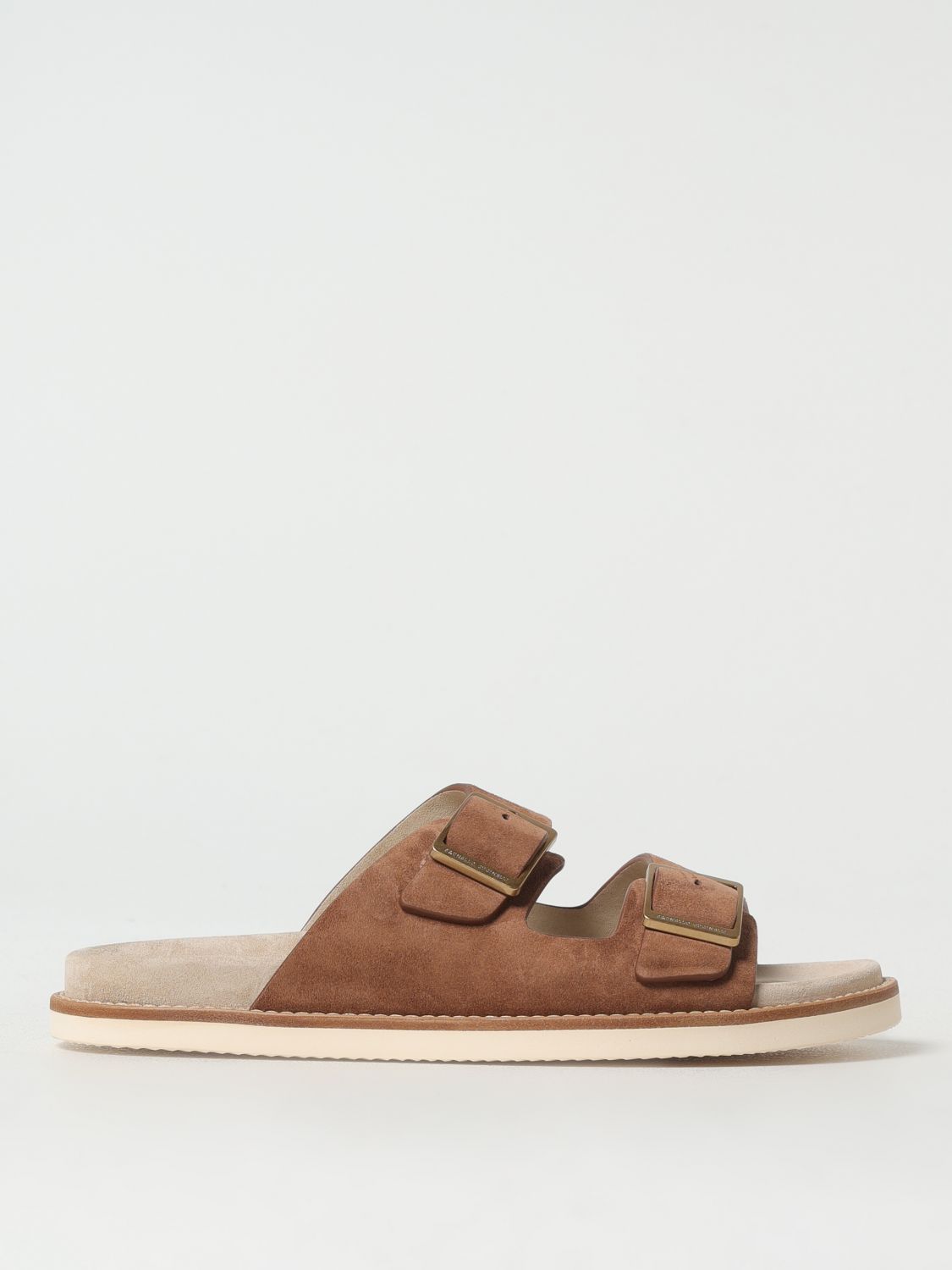 Brunello Cucinelli Men's Beige Suede Leather Sandals With Decorative Buckle Detail In Brown