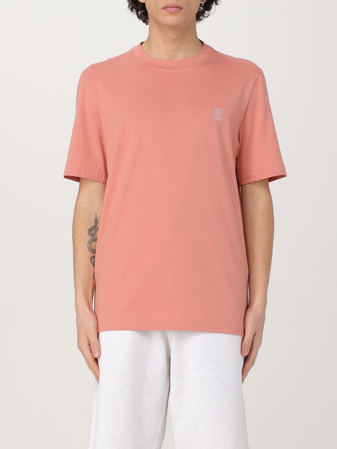Brunello Cucinelli Light Red Cotton T-shirt With Embroidered Logo In Coral