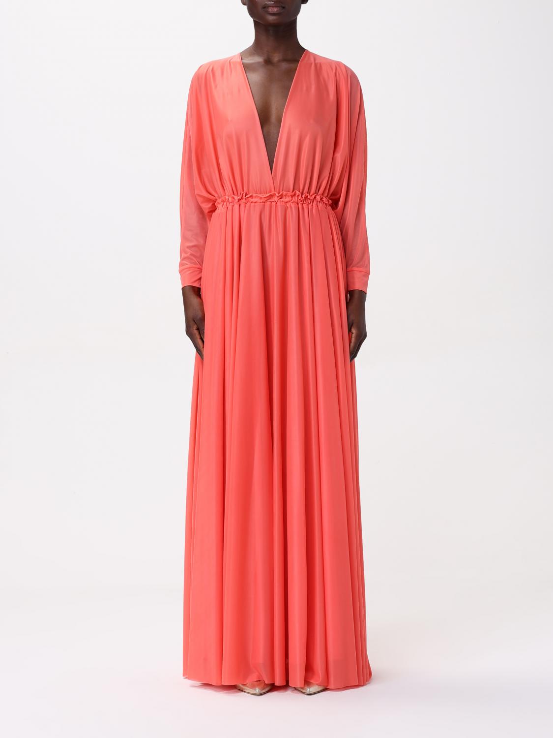 Pinko Orange Long Dress With Deep V-neck And Cut-out On The Back In Tech Fabric Woman In Coral