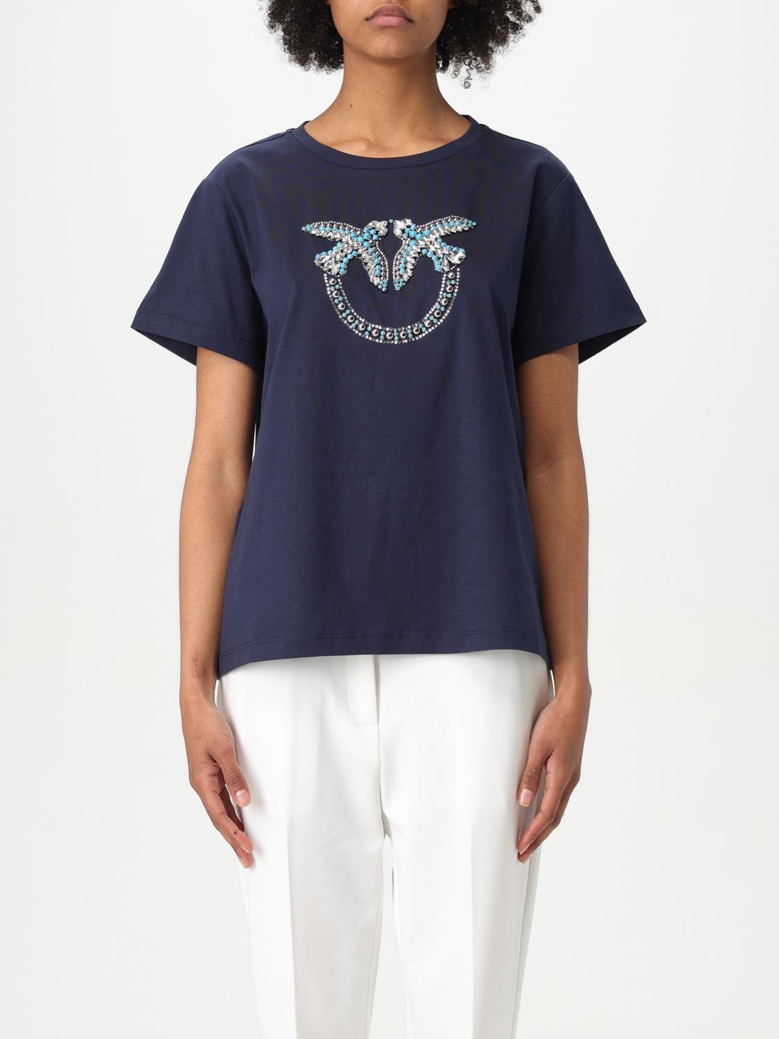 Pinko T-shirt With Crystal-embroidered Love Birds Logo In Blue