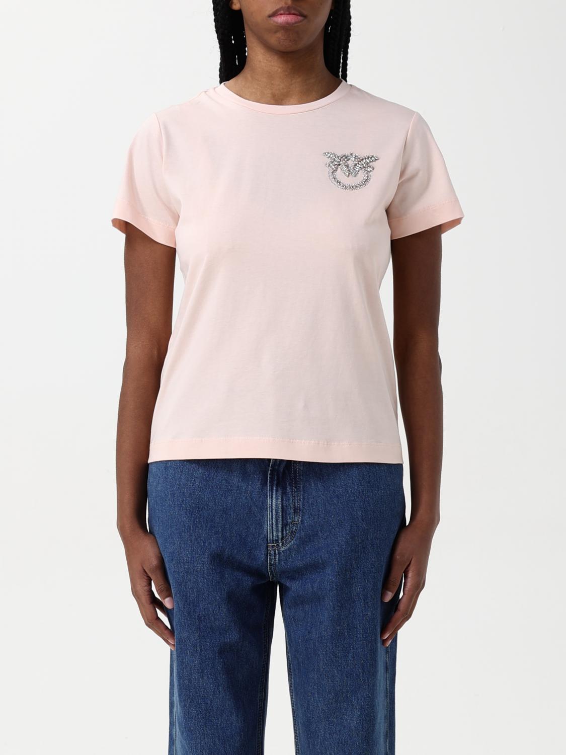 Pinko Nambrone Pink Crewneck T-shirt With Love Birds Diamond Cut Logo On The Chest In Cotton Woman In Pink