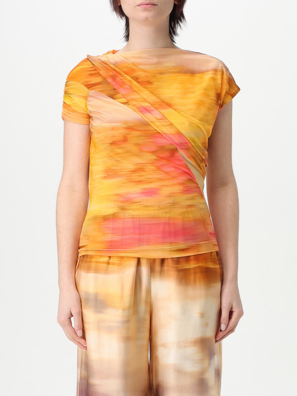 Pinko Asymmetric Crop Top With Landscape Print In Beige