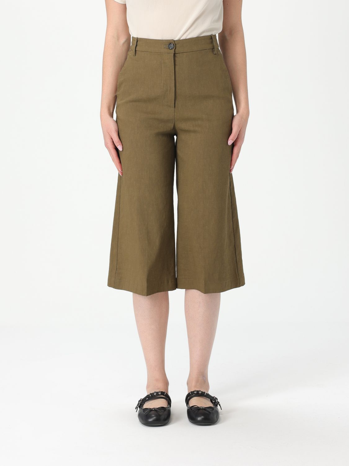 Pinko Buttoned Wide-leg Linen Bermuda Shorts In Military