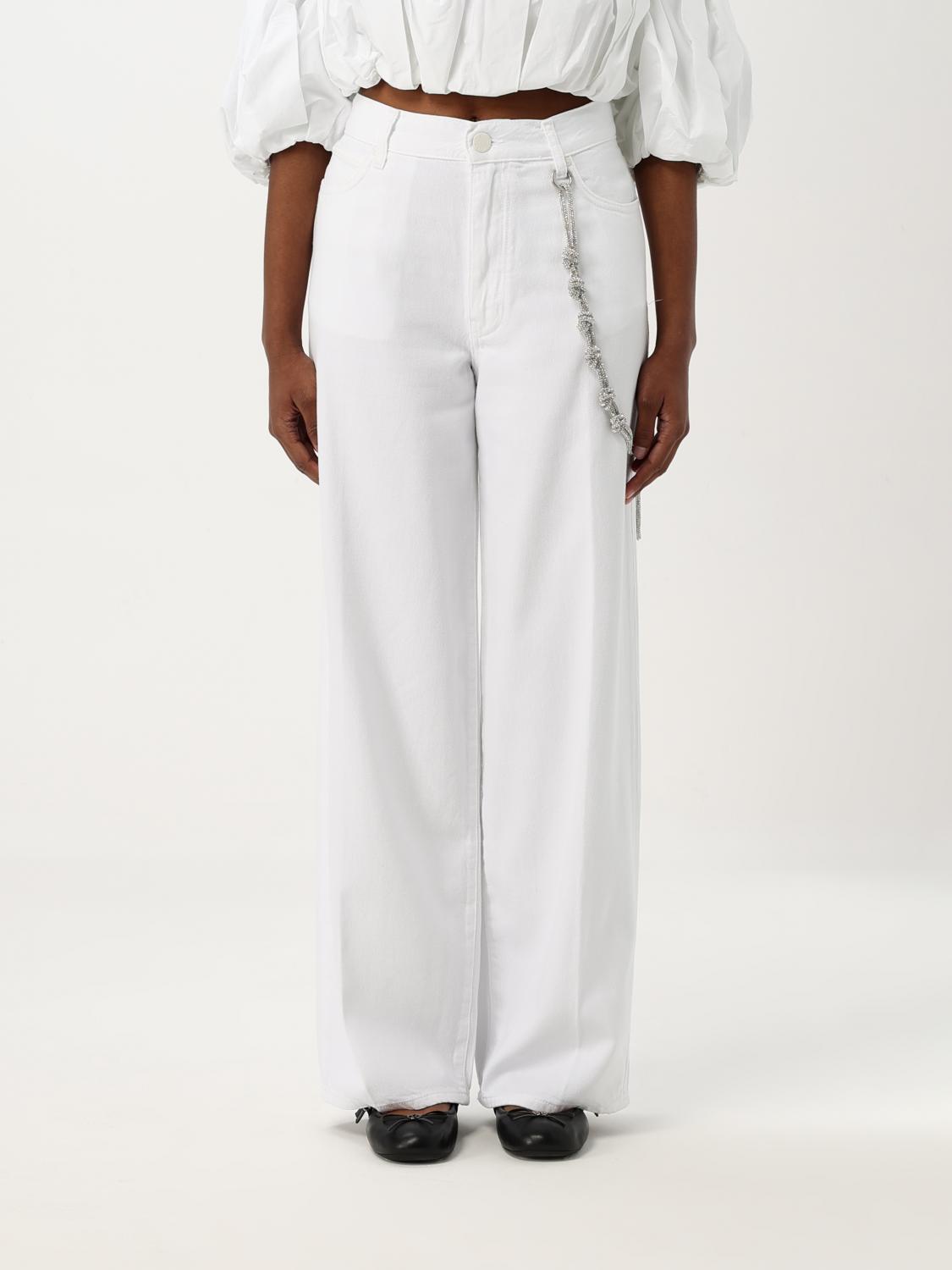 Pinko White Pants With Logo Patch On The Back And Chain Detail With Rhinestones In White