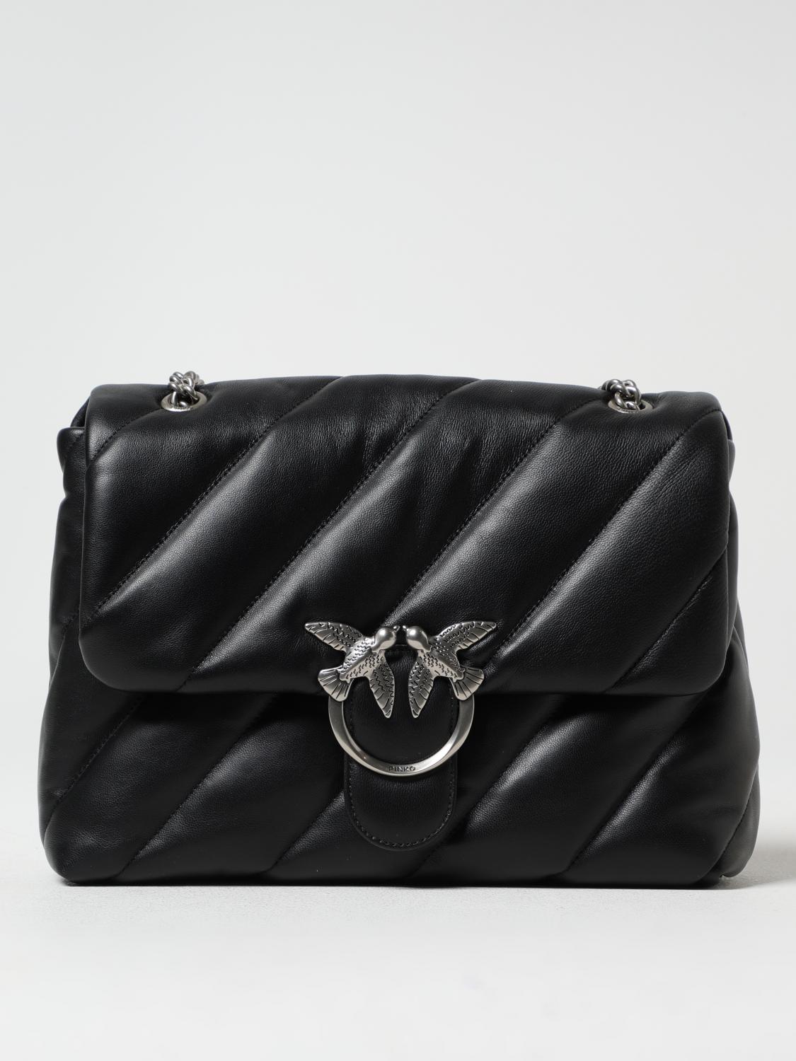 Pinko Quilted Sheepskin Leather Shoulder Bag With Silver Hardware In Black 1