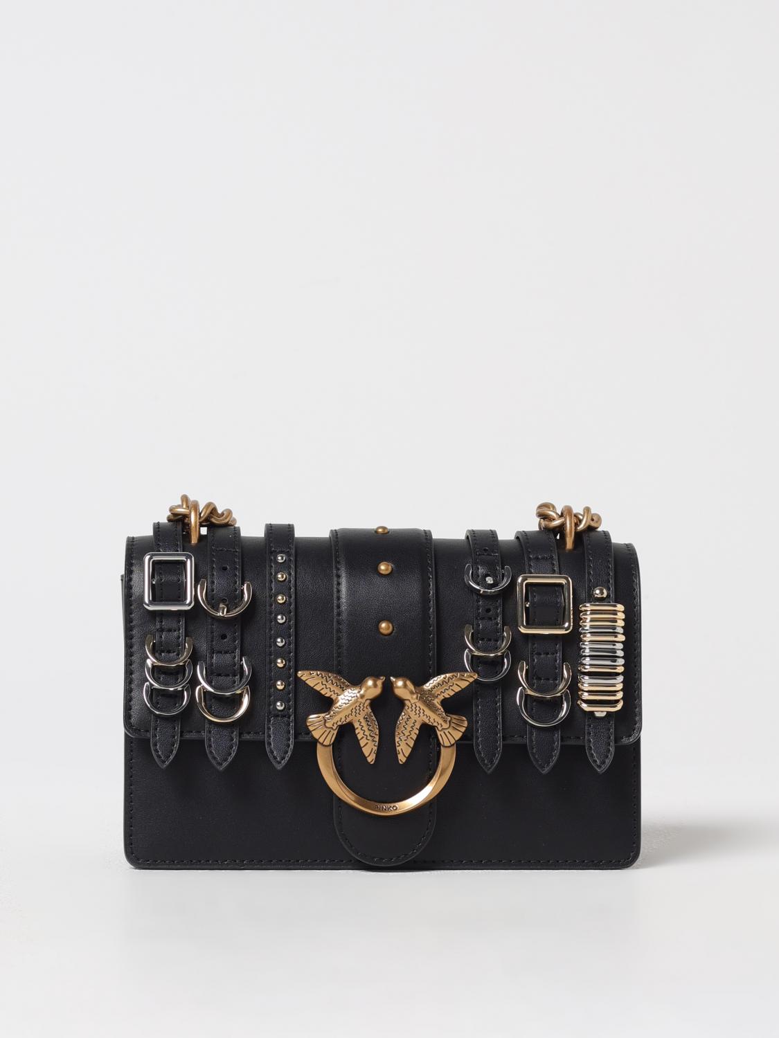 Pinko Structured Leather Shoulder Bag With Gold Hardware In Black