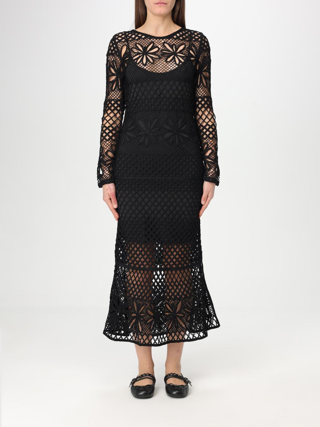 Pinko Ortles Black Crewneck Long Dress With Fishnet Design And All-over Floral Embroidery In Viscose Blend In Black