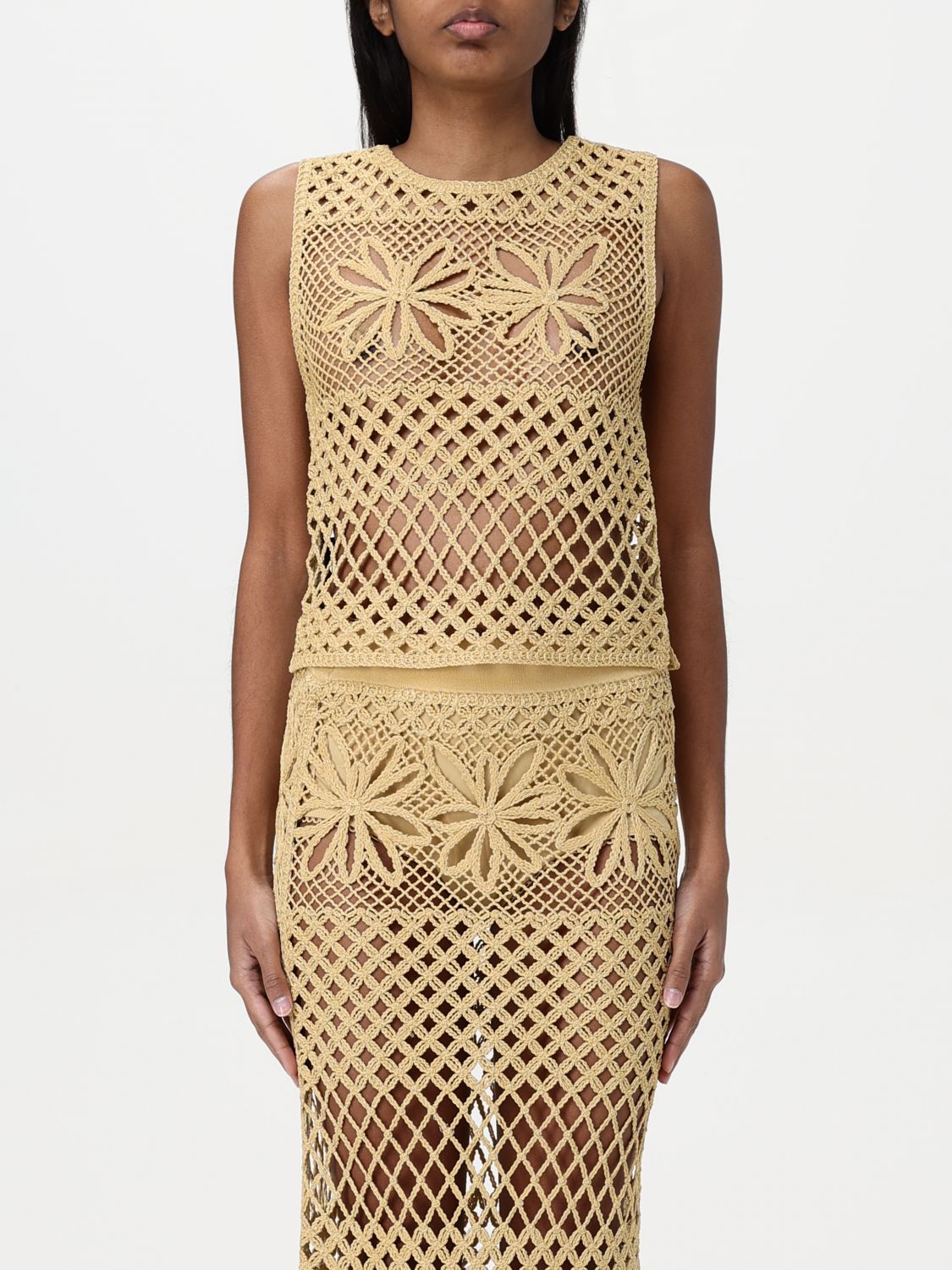 Pinko Fantasy Net Crochet Floral Top Keyhole In Yellow