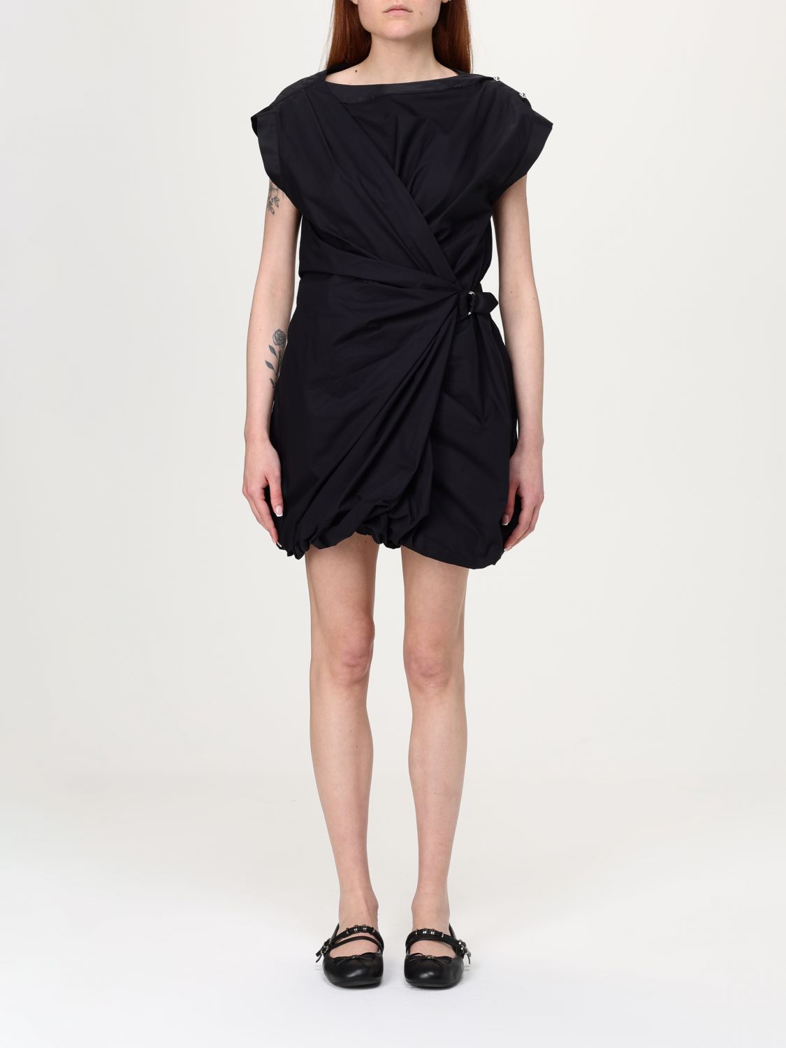 Pinko Cotton Dress With Pleated Skirt And Buttoned Shoulders