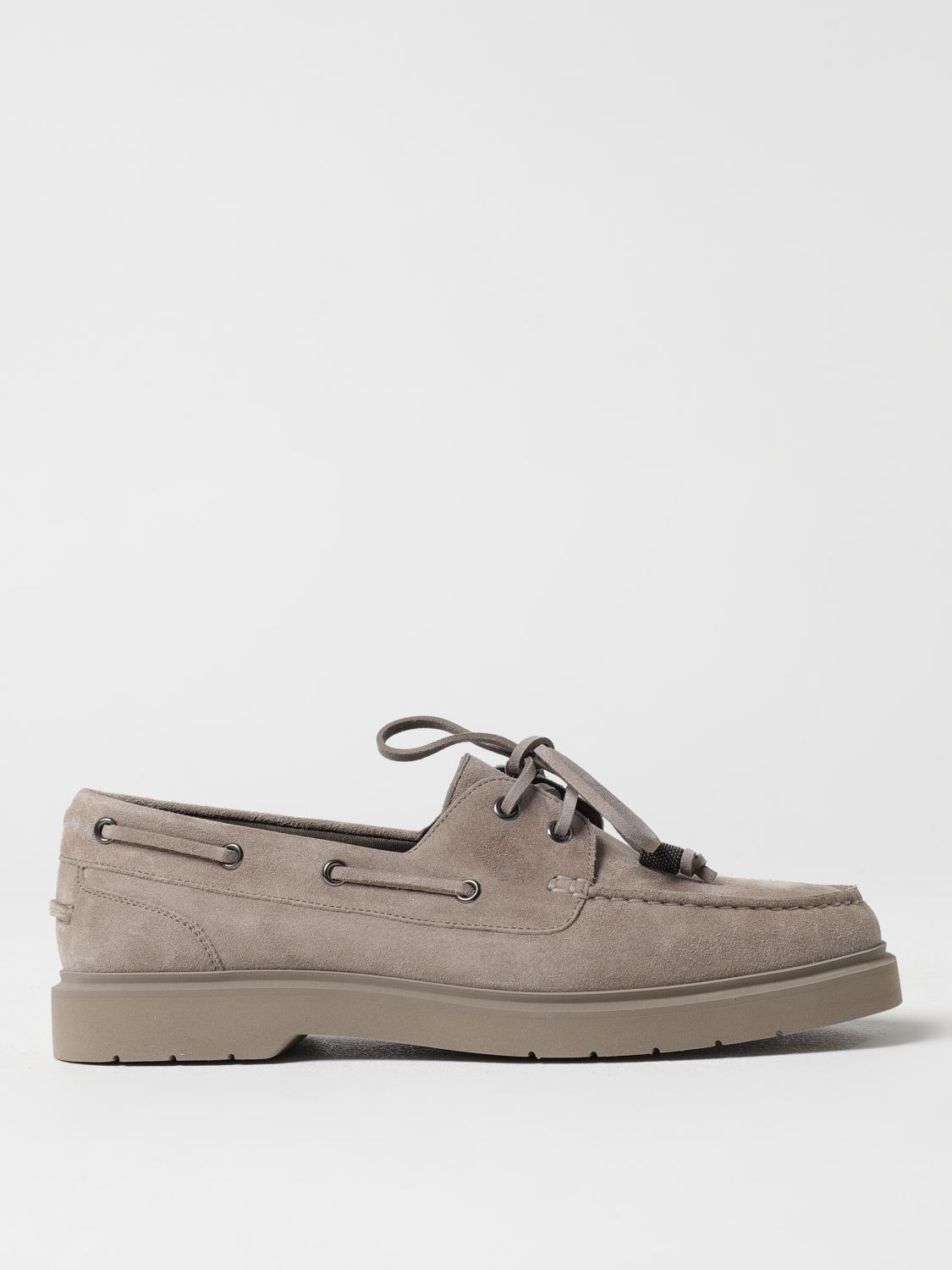Brunello Cucinelli Suede Lace-up Boat Loafer With Rubber Sole In Ice