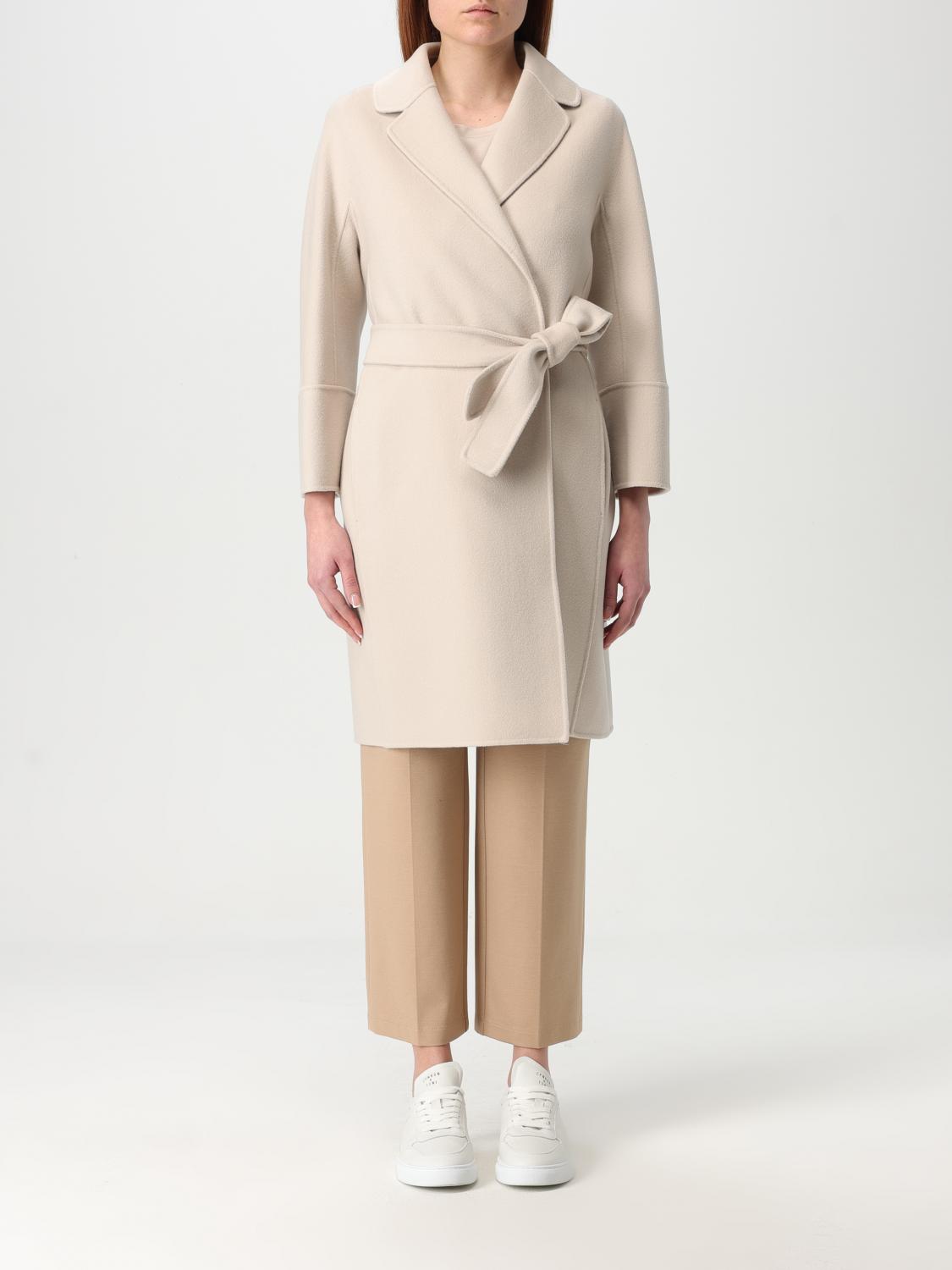 's Max Mara Nina Beige Double-breasted Coat With Matching Belt In Wool Woman In Natural