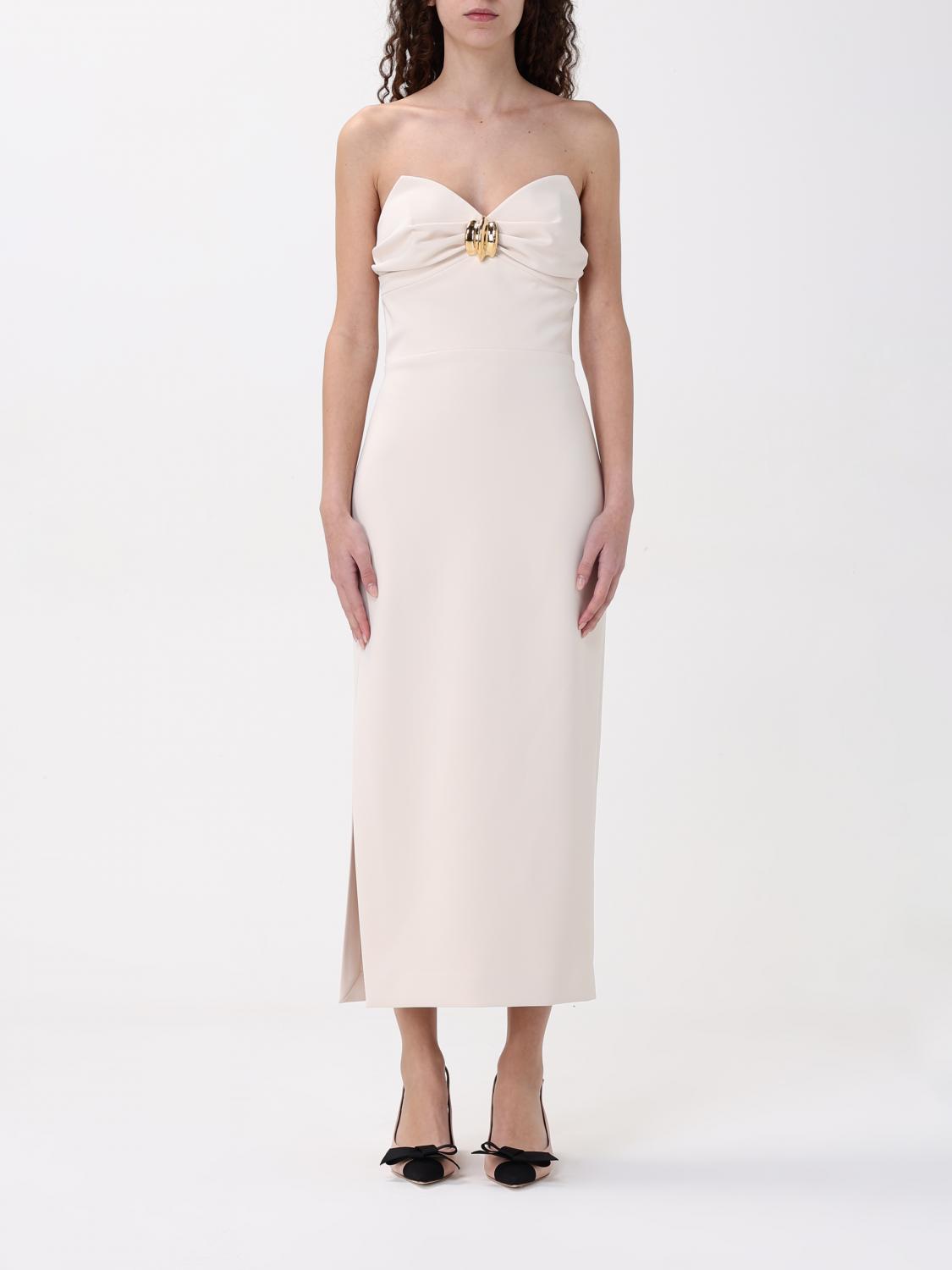 Elisabetta Franchi Midi Dress With Sweetheart Neckline And Jewel Detail In Yellow Cream